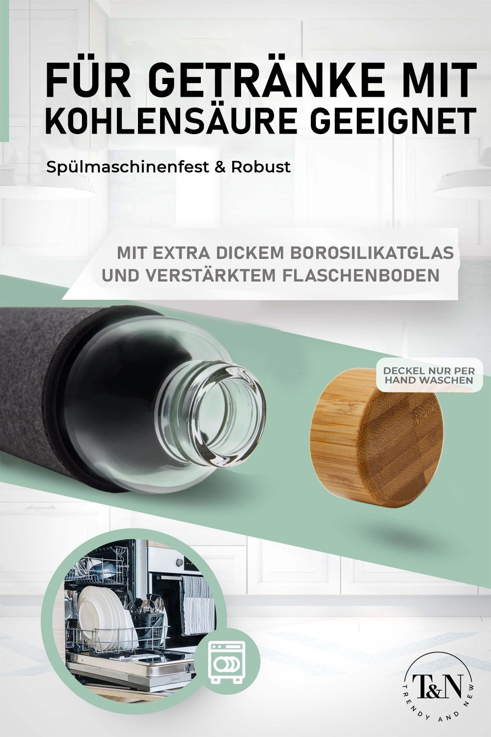 1l Neoprenhülle, dickerem 1 Trinkflasche T&N AND und TRENDY geeignet, Design 2x Wasserflasche und Borosilikatglas, Anthrazit Classique Edelstahl für (mit Glastrinkflasche Glasflasche Liter, ohne NEW Bambus Schlankes mit auslaufsicher aus Trinkflasche Glas Trageriemen) Deckel Grande Kohlensäure