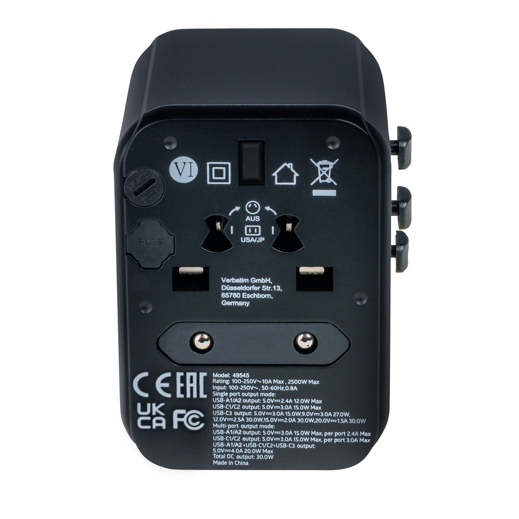 Verbatim VERBATIM Universal-Reise-Adapter UTA-03, 1x Stromstecker, 2x USB-A, 3x Reiseadapter