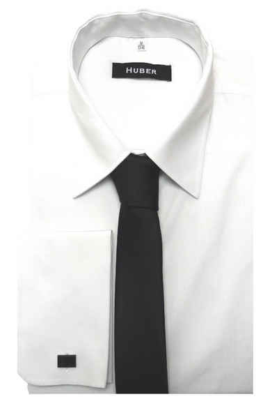 Huber Hemden Businesshemd HU-5011 Umschlag-Manschetten +Krawatte schwarz Einstecktuch Manschettenknöpfe