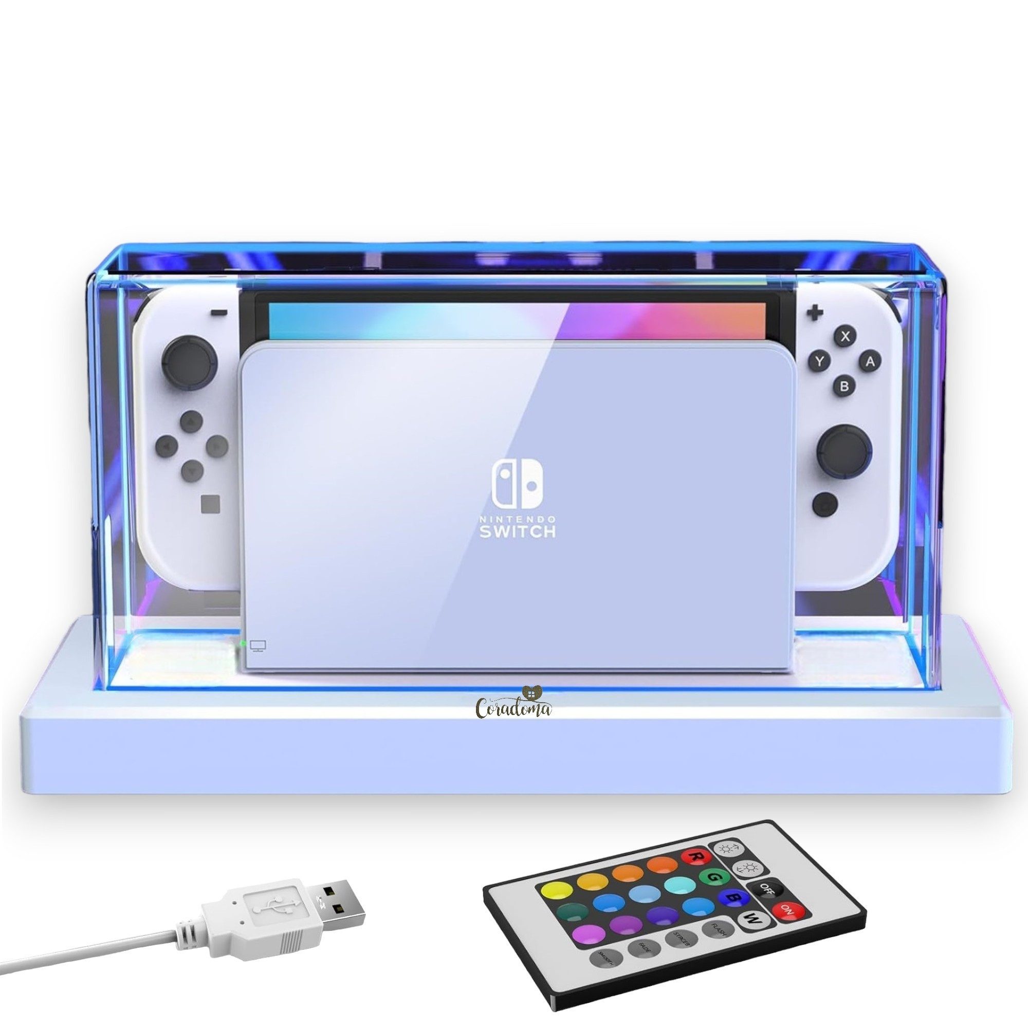 Coradoma Nintendo-Schutzhülle Staubschutzhülle Acryl Case mit LED Beleuchtung inkl. Fernbedienung, kompatibel mit Nintendo Switch und OLED, Transparenter Staubschutz