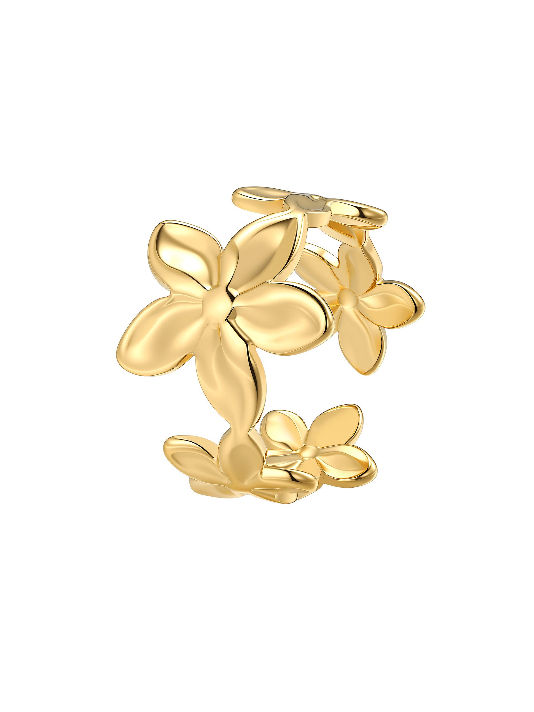 Hey Happiness Fingerring Blumen Kranz, offener Edelstahl Damenring, Verstellbarer Statement Ring mit Blüten, wasserfest 18k vergoldet