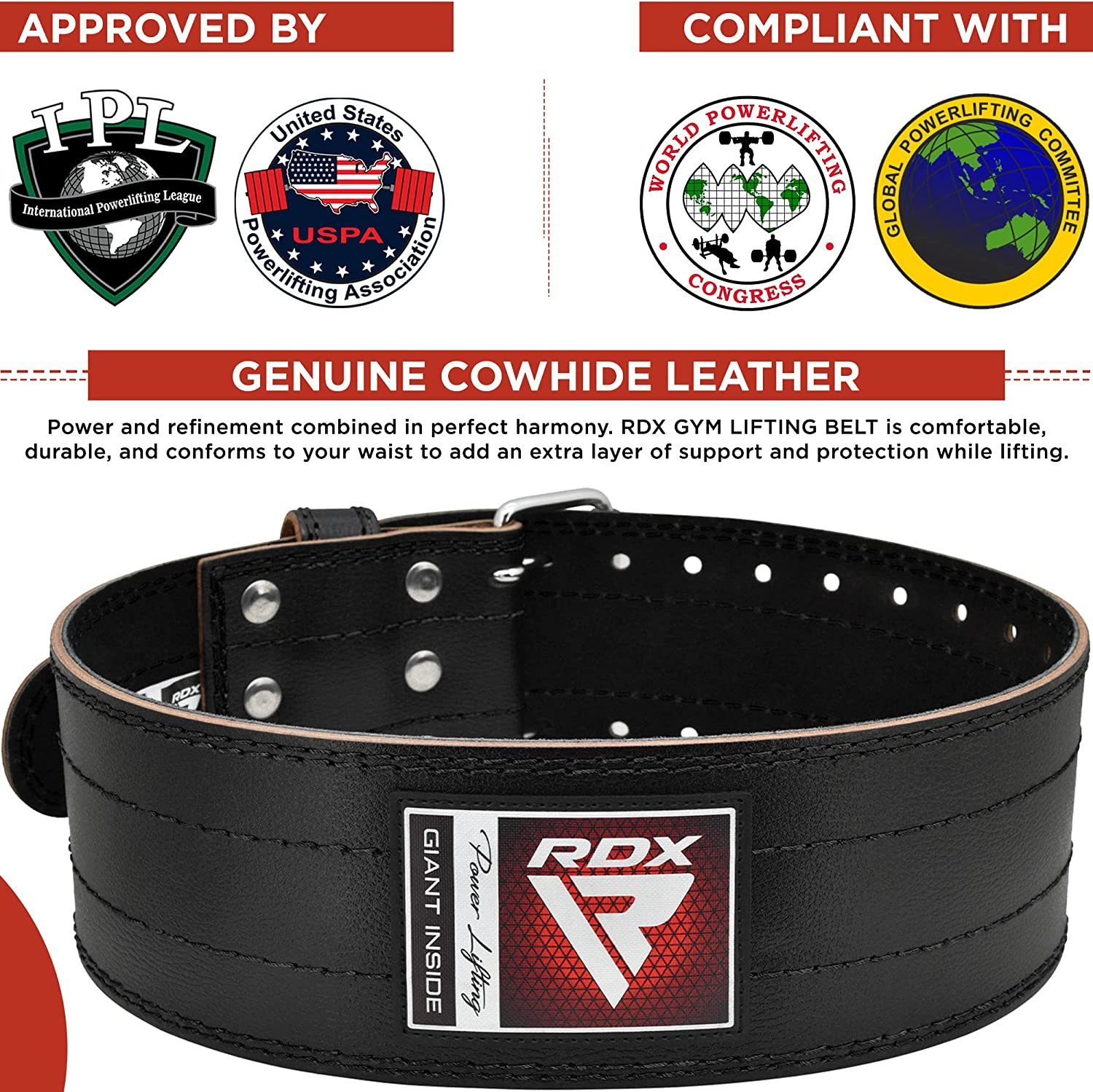 RDX Arbeitsstützgürtel RDX 4 Zoll Leder Gewichtheben Gürtel, Weightlifting belt USPA genehmig, am besten geeignet für Gewichtheben