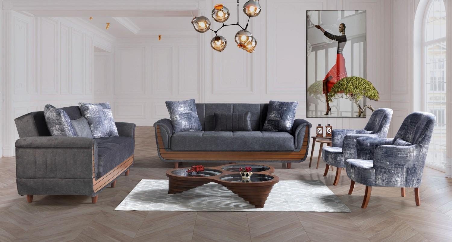 JVmoebel Wohnzimmer-Set Sofagarnitur 3+2+1+1 Holz Wohnzimmer Luxus Sofa Modern Stoff Komplett, (3 Sitzer / 2 Sitzer / 2x Sessel), Made In Europe