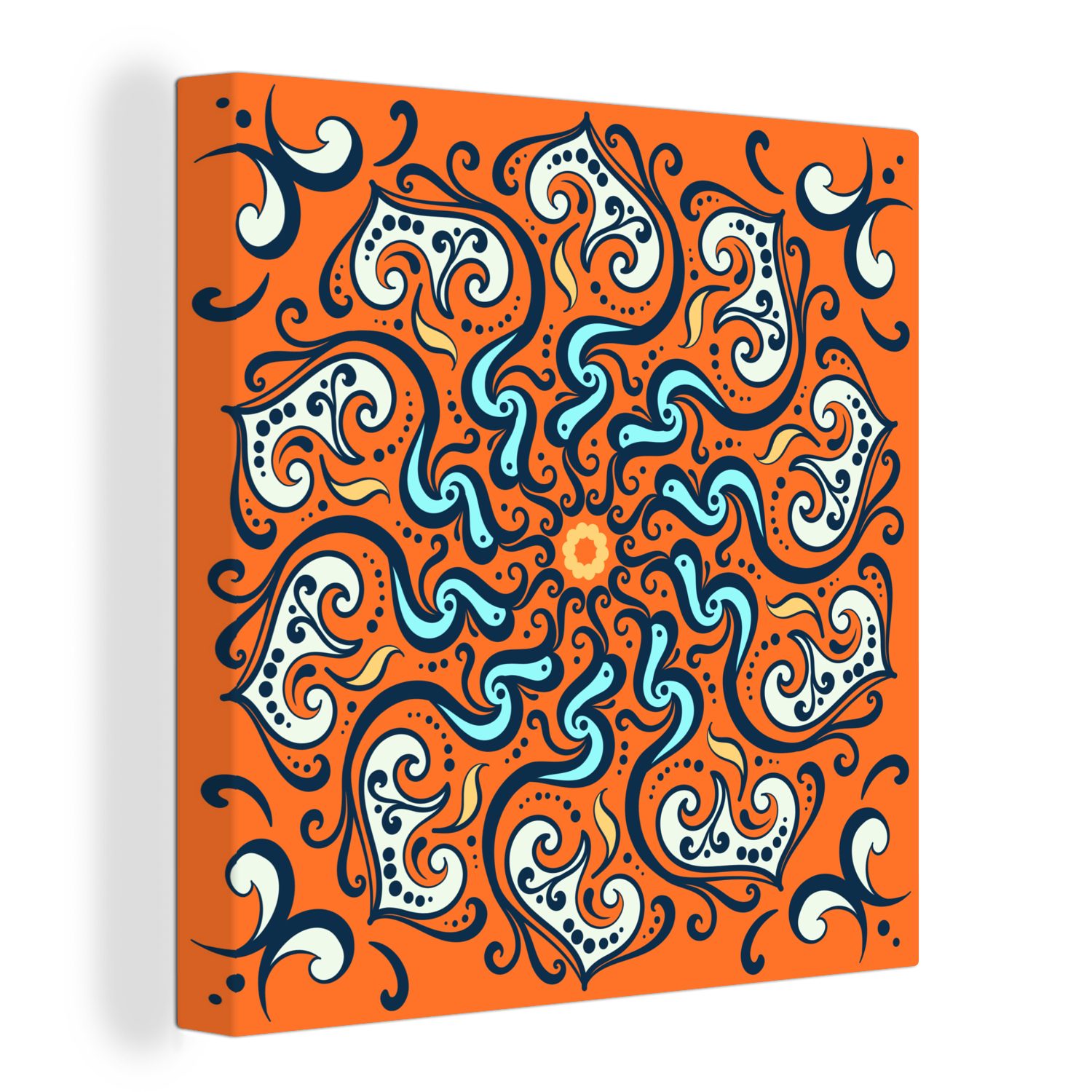 OneMillionCanvasses® Leinwandbild Mandala - Blätter - Blau - Orange, (1 St), Leinwand Bilder für Wohnzimmer Schlafzimmer