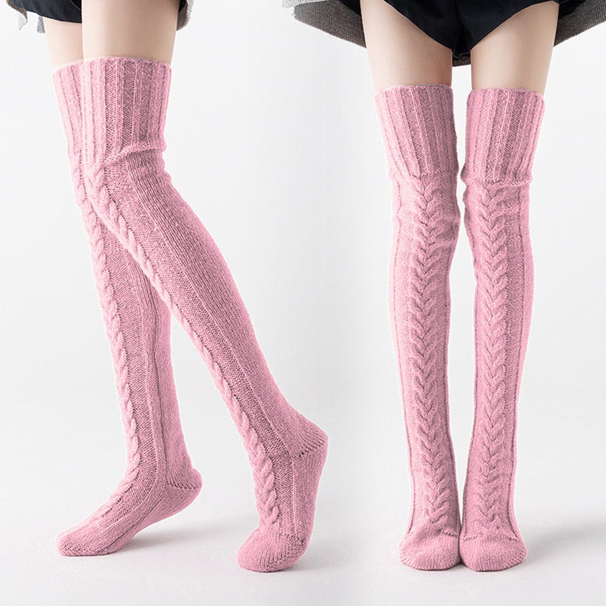 DOPWii Socken Strickstrümpfe Damen, dehnbare Winter-Overknee-Strümpfe, 105/85cm Rosa | Socken