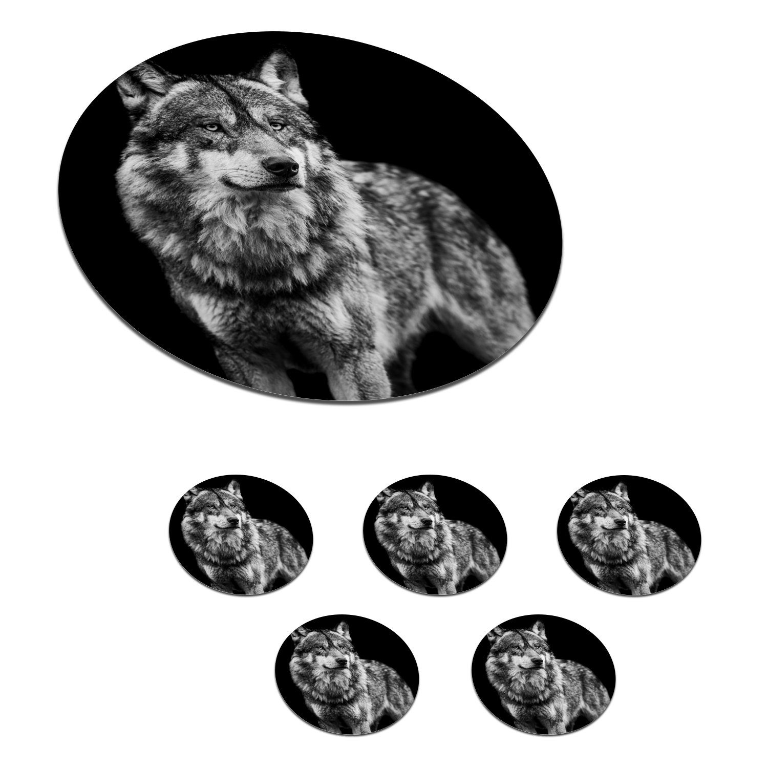 MuchoWow Glasuntersetzer Wolf - Tiere - Wild - Schwarz - Weiß, Zubehör für Gläser, 6-tlg., Getränkeuntersetzer, Tassenuntersetzer, Korkuntersetzer, Tasse, Becher