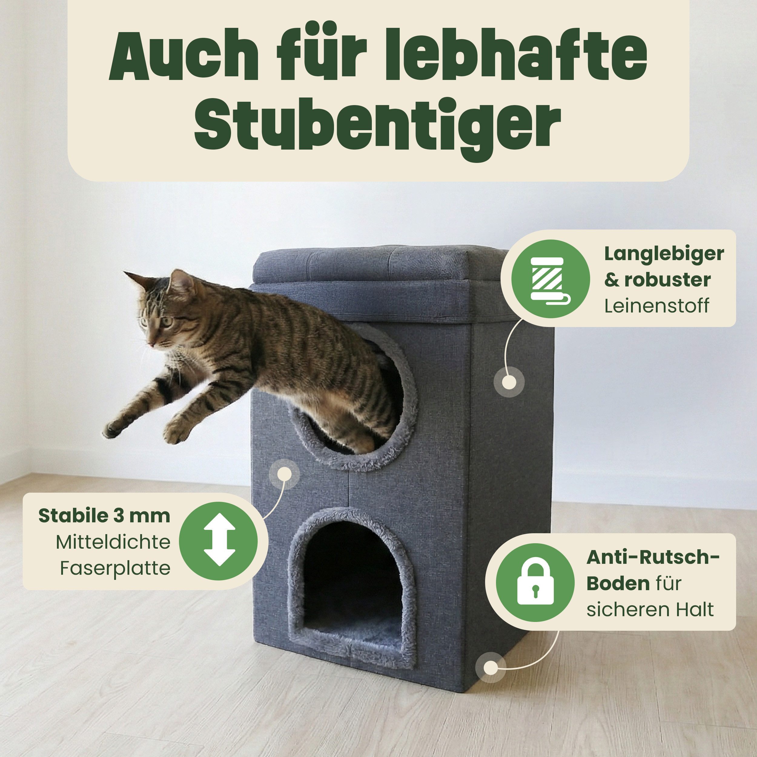 Zooprinz Katzenhaus Katzenhöhle Mona,Kratzfläche, Wendekissen, faltbar, zweistöckig, 39 × 39 × 64 cm, Anti-Rutsch-Boden, Leinenstoff, Grau