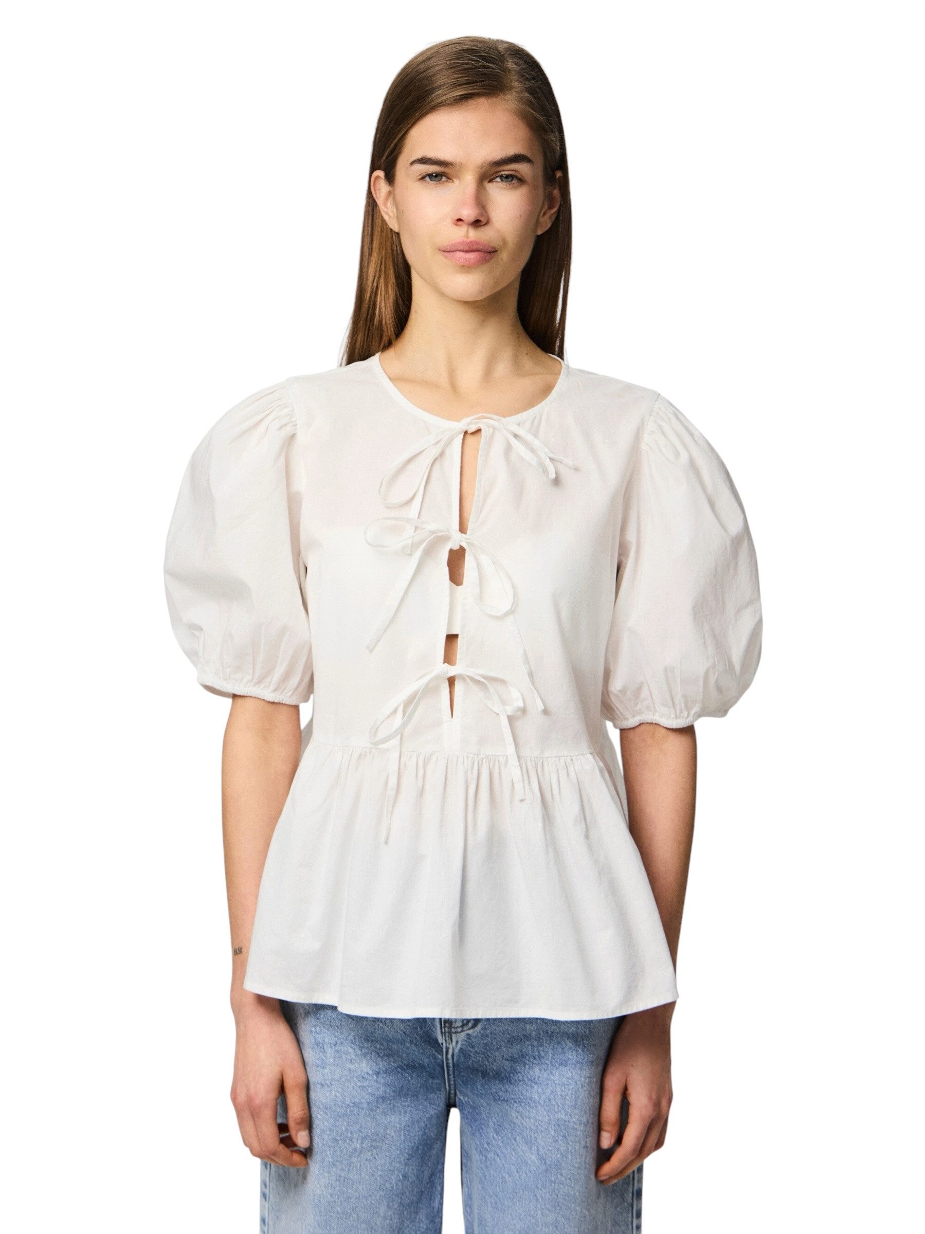 pieces Kurzarmbluse - Sommerbluse in weiß mit Rundhals und halbarm - Damen Bluse Bluse mit Rundhalsausschnitt und halbarm und Regular Fit