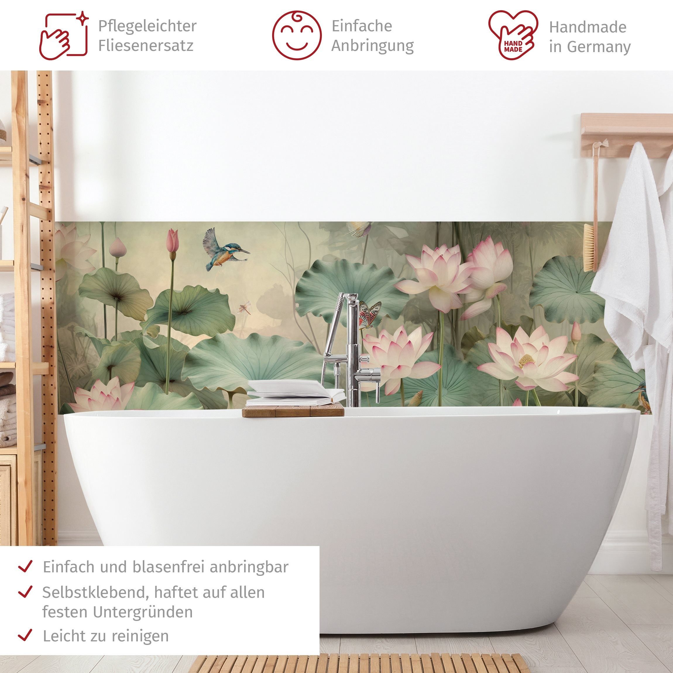Bilderdepot24 Badrückwand grün fugenlose Wandverkleidung Bad Tropisch, (Hartfolie matt » Selbstklebend SMART 0,35 mm), wasserfestes Wandpaneel Lotusblütenteich