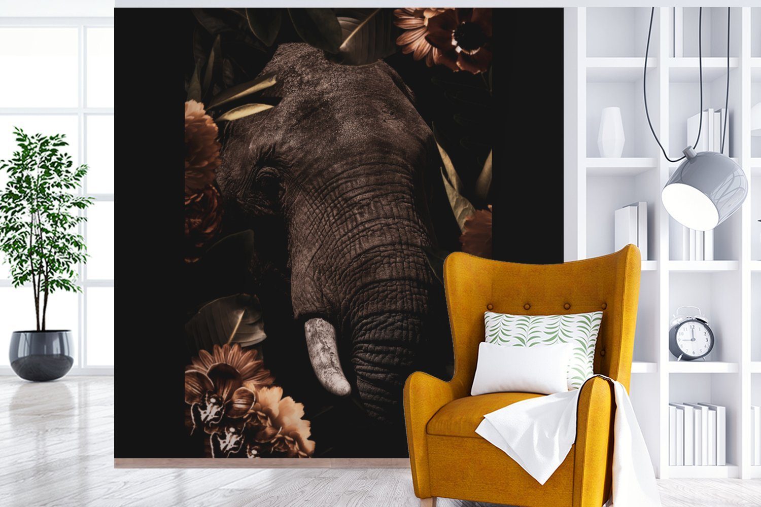 MuchoWow Fototapete Elefant - Schlafzimmer, bedruckt, Tapete Porträt, Blumen Matt, St), für Wohnzimmer (5 Vinyl Wandtapete oder 