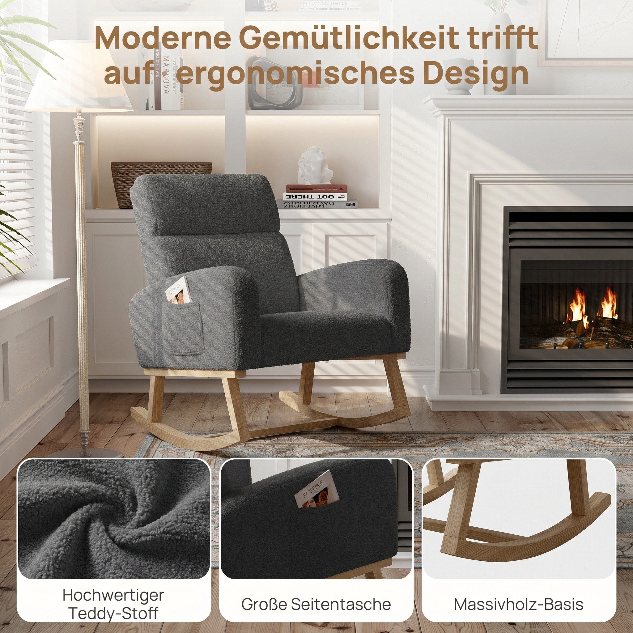 BELUPAI Schaukelstuhl Polster Schaukelsessel (Set, 1 St), mit Massivholzfüßen,für Schlafzimmer,2 Seitentaschen,Teddystoff,Grau