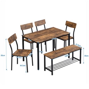 XDeer Essgruppe Stuhl und Bank Set 6 Holz Stahlrahmen Küche Esstisch Set, Balkon & Esszimmer & Wohnzimmer, Vintagebraun Stil