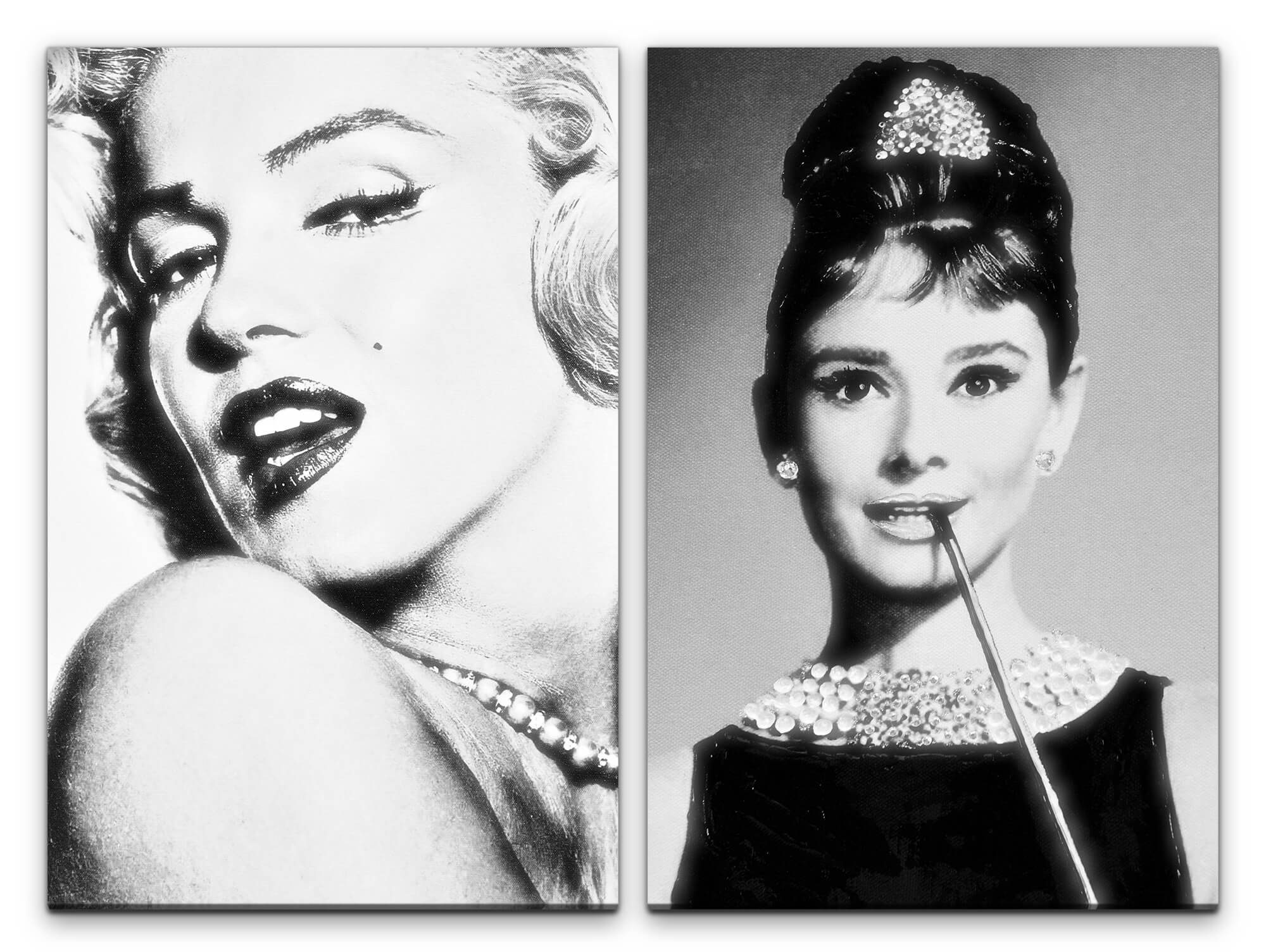 Sinus Art Leinwandbild 2 Bilder je 60x90cm Marilyn Monroe Audrey Hepburn Stars Hollywood Schwarz Weiß Legenden Feminin