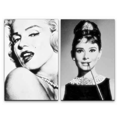 Sinus Art Leinwandbild 2 Bilder je 60x90cm Marilyn Monroe Audrey Hepburn Stars Hollywood Schwarz Weiß Legenden Feminin