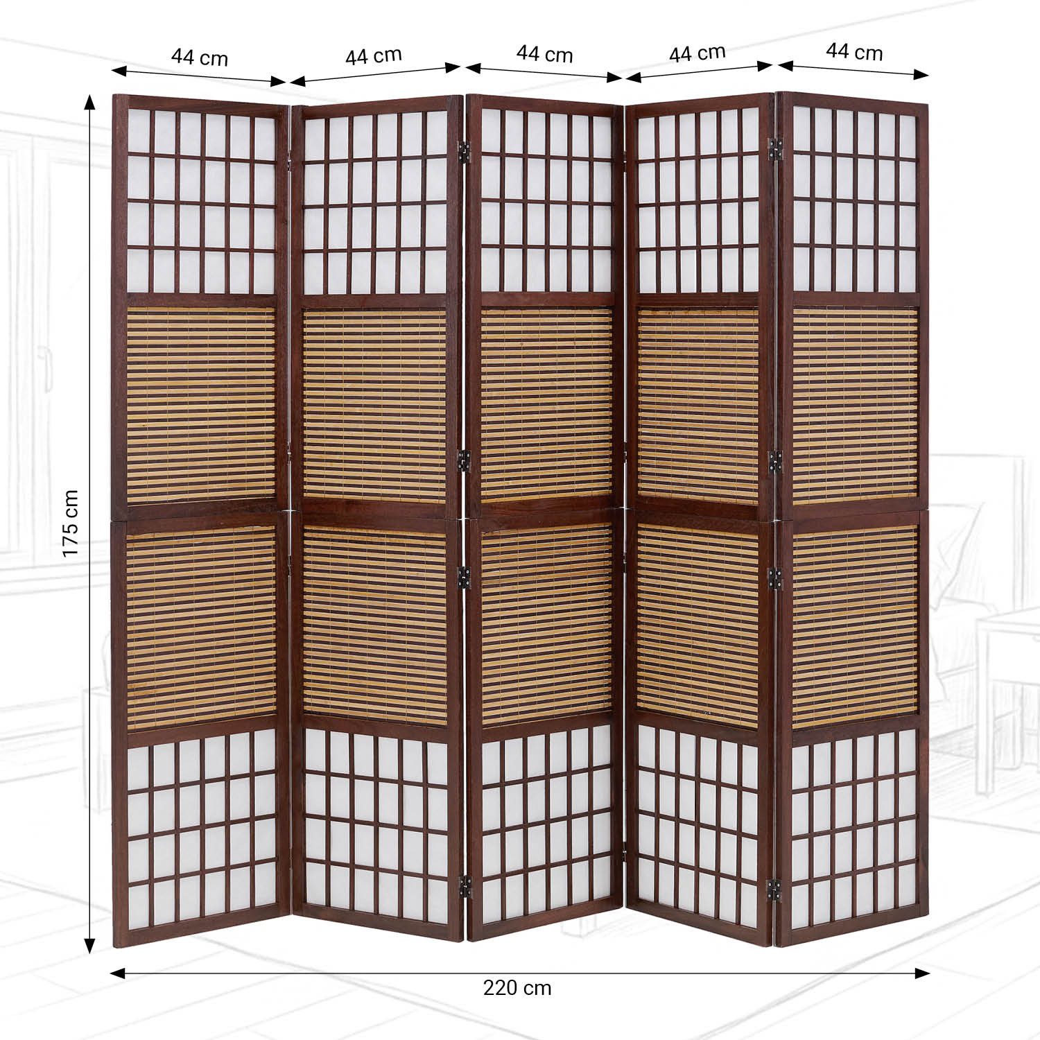 Homestyle4u Paravent Raumteiler Braun Holz Spanische Wand Sichtschutz Indoor Bambus Schwarz (5-teilig), Trennwand, faltbar