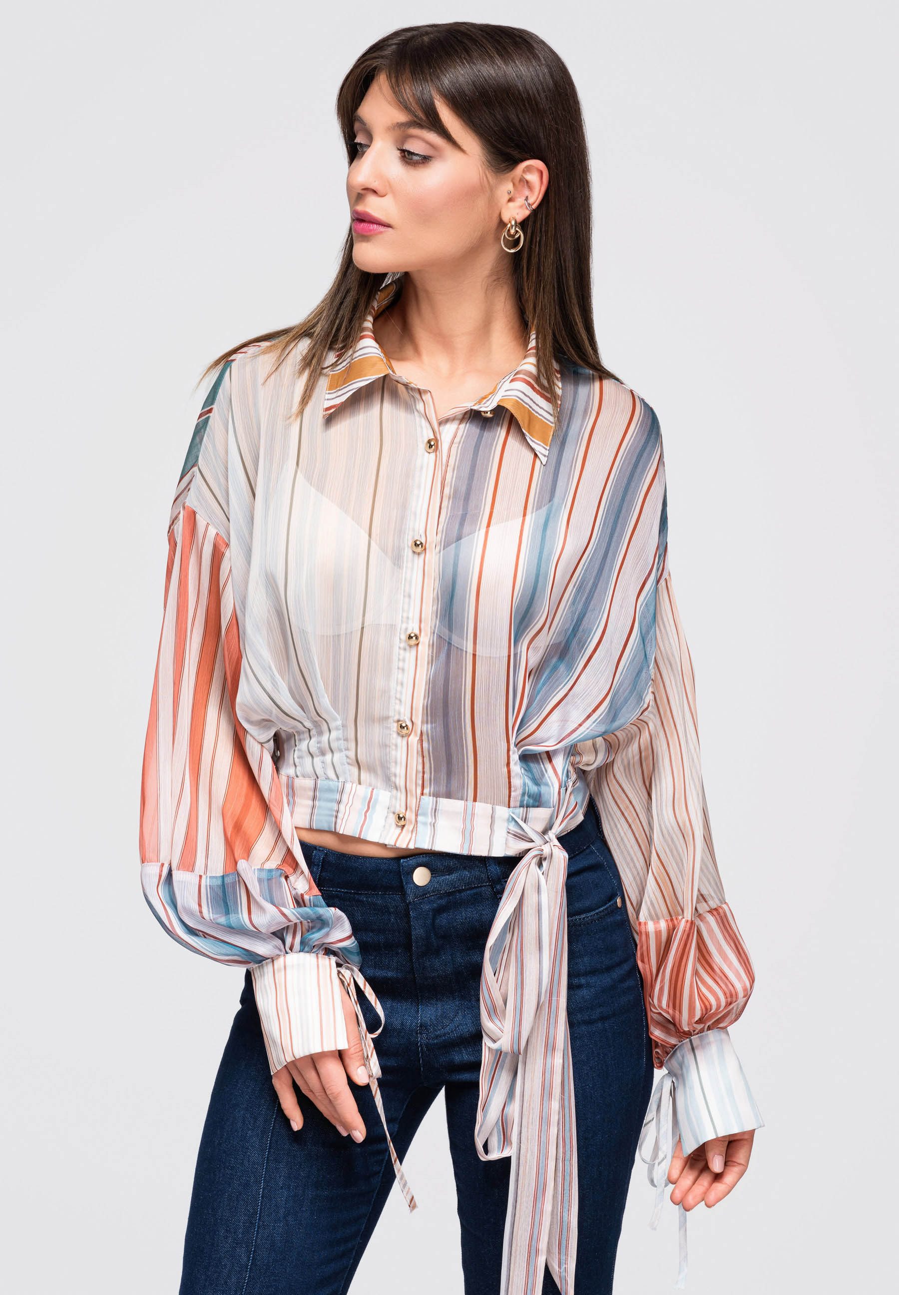 Hemdbluse Damen Hemdbluse mit lockerer Passform und V-Ausschnitt Apricot S/M