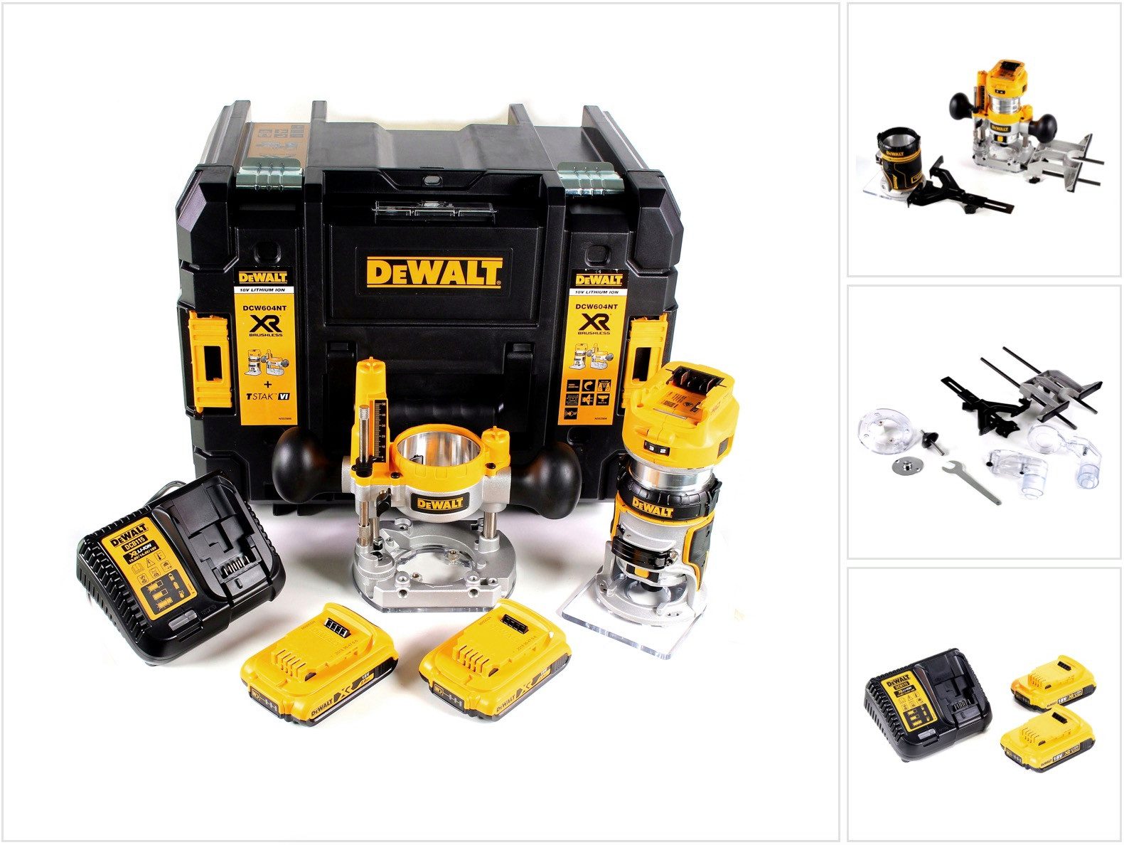 DeWalt Oberfräse DCW 604 D2 Akku Kombifräse 18V 55mm in + 2x Akkus 2,0 Ah + 1x Schnell