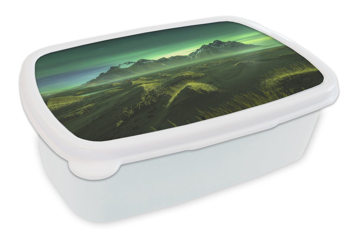 MuchoWow Lunchbox Nordlichter - Berg - Grün - Island, Kunststoff, (2-tlg), Brotbox für Kinder und Erwachsene, Brotdose, für Jungs und Mädchen weiß | Lunchboxen