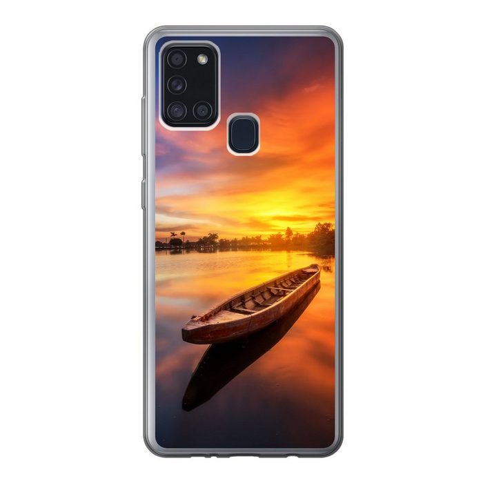 MuchoWow Handyhülle Boot - Wasser - Sonnenuntergang - Orange - Wasser Handyhülle Samsung Galaxy A21s Smartphone-Bumper Print Handy