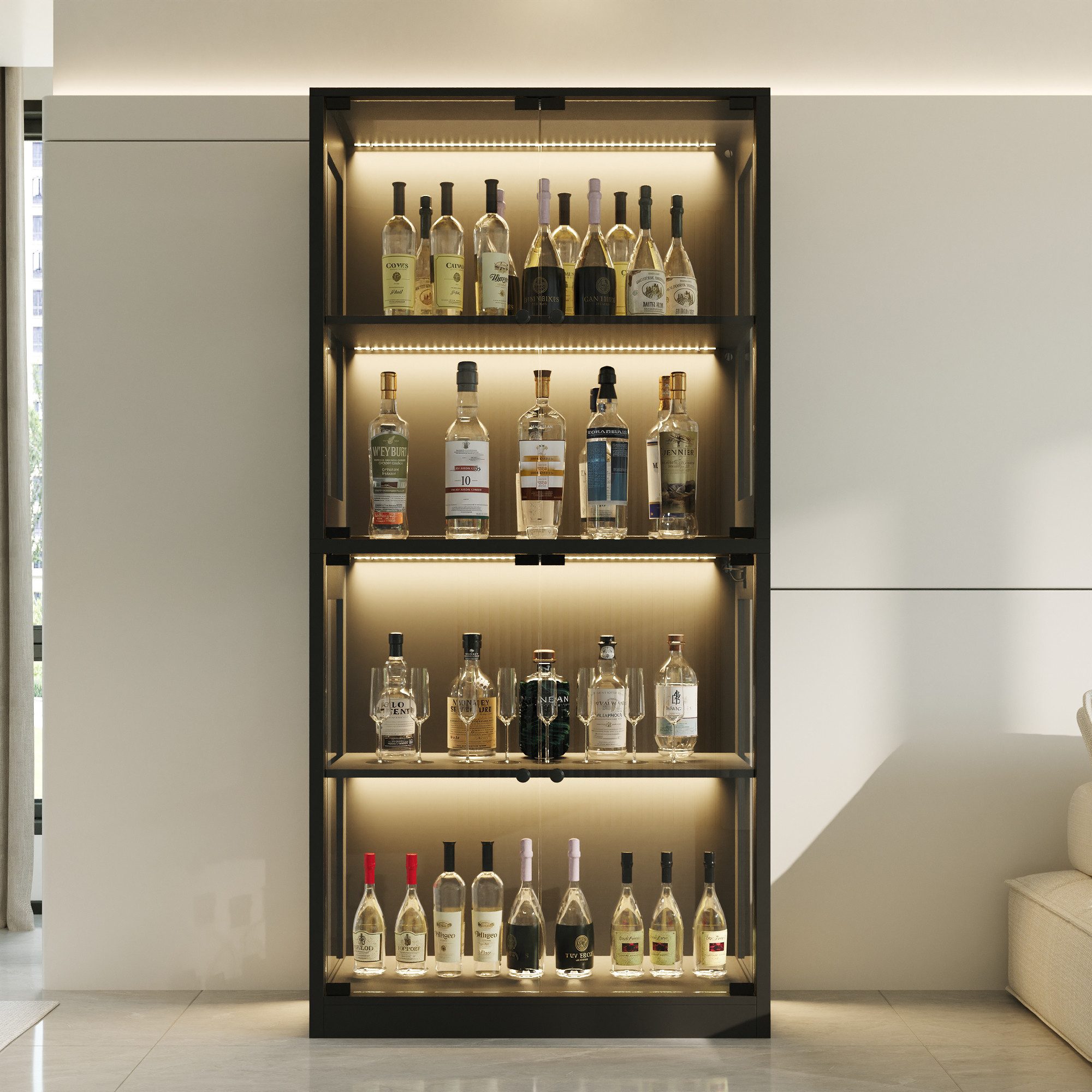 HOMSEE Glasvitrine mit 3-Farben LED-Beleuchtung und 4 Ablageebenen, 80 x 35 x 165 cm (1-St) Sammlervitrine mit Sicherheitsglas für Wein, Uhren und Figuren