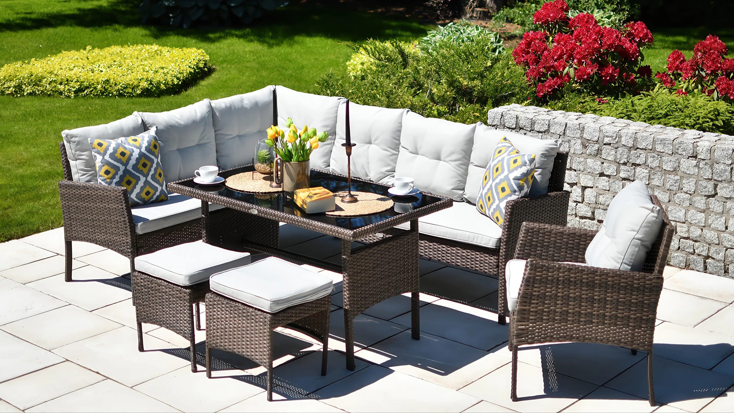 Focus Garden Gartenlounge-Set "CORTINA Sofa" Polyrattan Eckcouch mit Tisch + Hocker + Stuhl, (6-tlg), Witterungsbeständig, für bis zu 8 Personen, Kissen, Gartenmöbel-Set