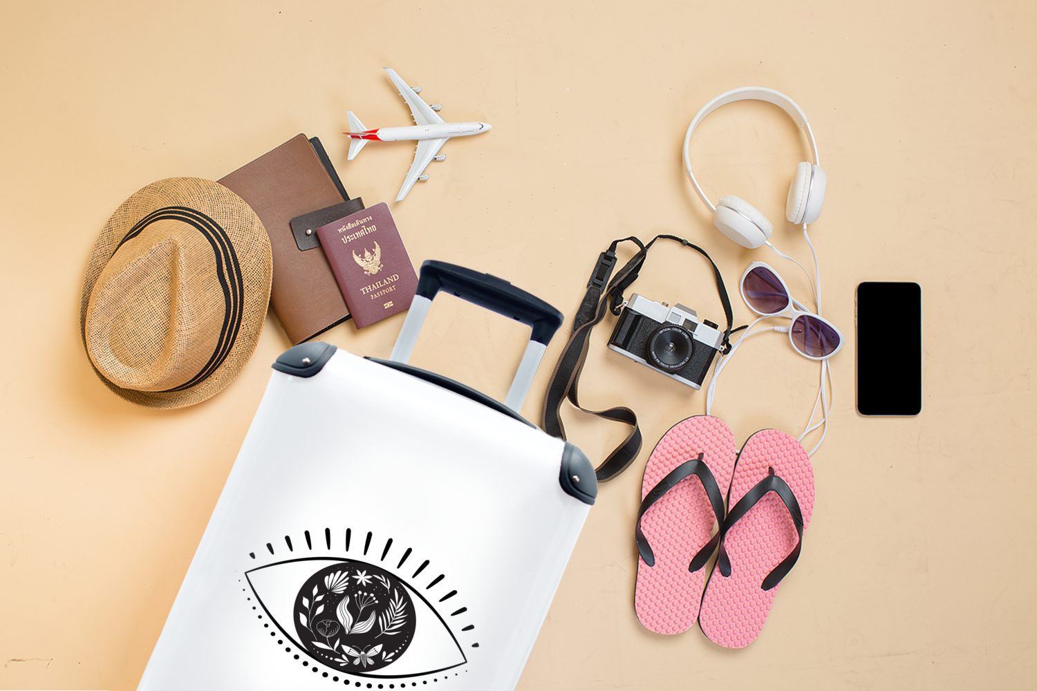 Kunst Trolley, mit Handgepäckkoffer Reisekoffer Hintergrund, auf einem Rollen, Ferien, weißem Handgepäck für Auge mit Reisetasche Moderne rollen, MuchoWow 4