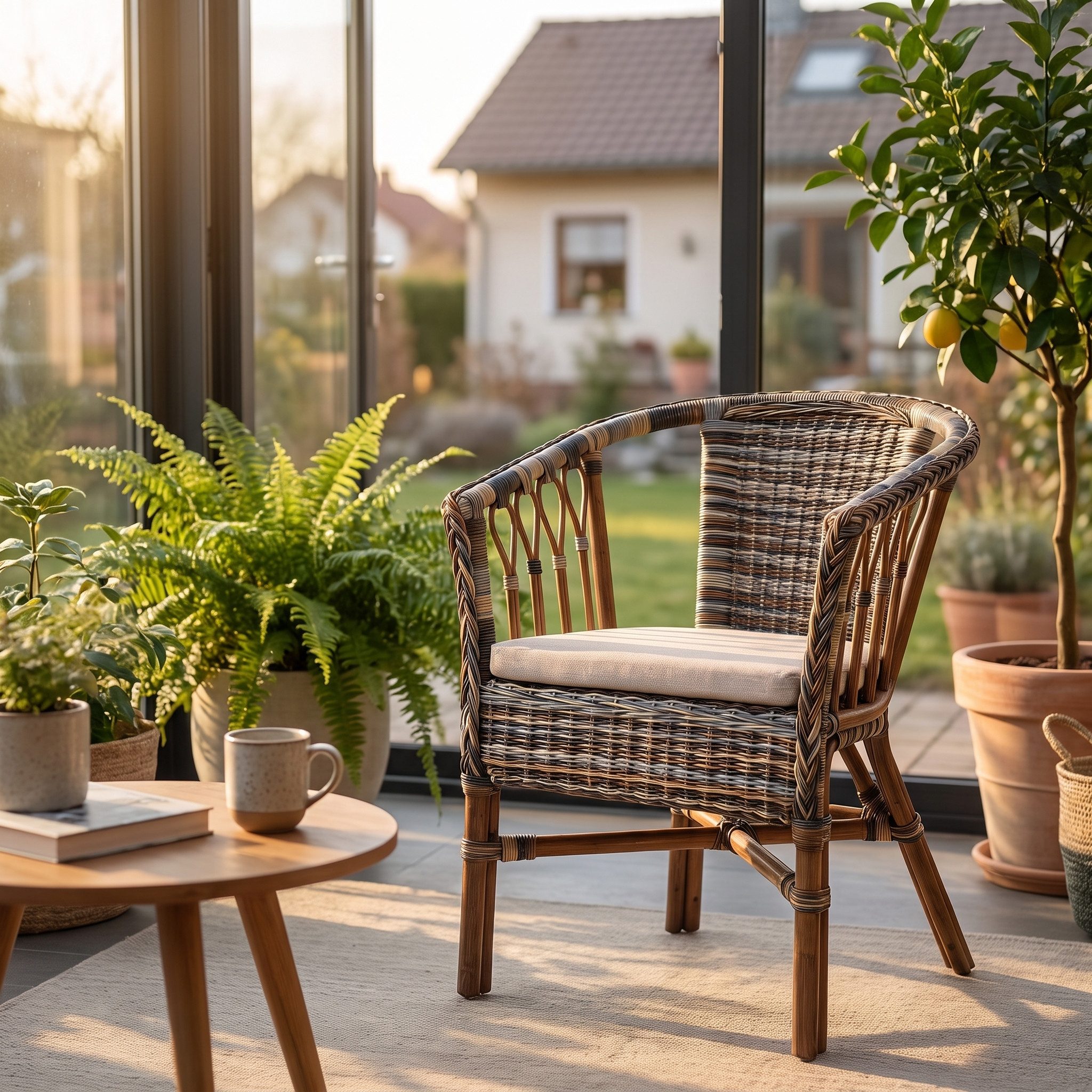 Krines Home Sessel Stapelbarer Rattansessel Bistro Sessel mit Armlehnen Flechtsessel (Sessel nach Auswahl ohne oder mit Polster), in Handarbeit geflochten – Bild 2 von 5