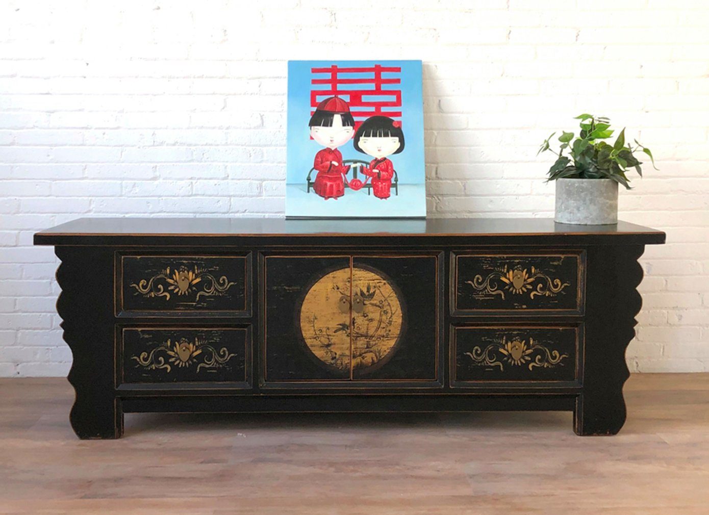 OPIUM OUTLET Kommode Asiatische Möbel Chinesischer Schrank Kommode Lowboard (Hochzeitsschrank asiatisch chinesisch orientalisch, komplett montiert, Asia TV Sideboard im Vintage-Stil aus Holz), Breite 177 cm Höhe 60 cm, schwarz