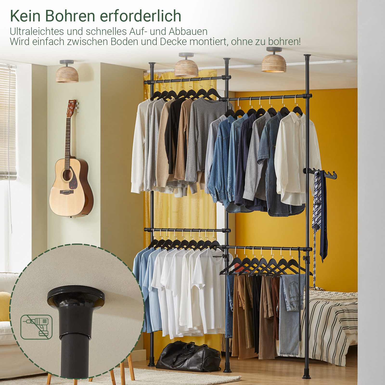SoBuy Teleskopstange Kleiderständer mit 4 Kleiderstangen Stahl Schwarz KLS0 günstig online kaufen