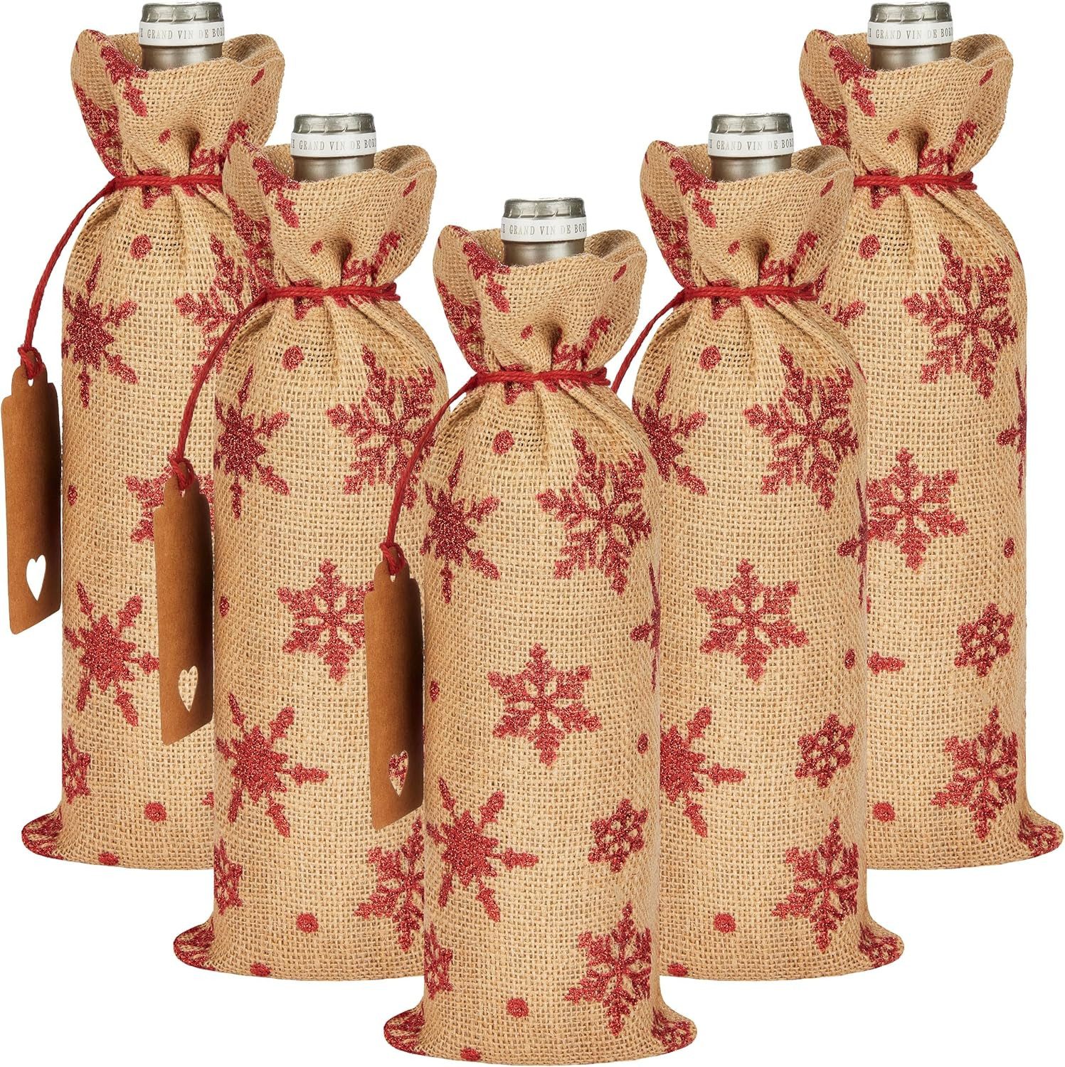 BRUBAKER Weinflaschenhalter Schneeflocken Rot, (Weintasche, Sack, Geschenk für Wein, Sekt und Champagner -, 5-St., Flaschenbeutel für Weihnachtsgeschenk), 36 cm x 17 cm Weinsack aus Jute