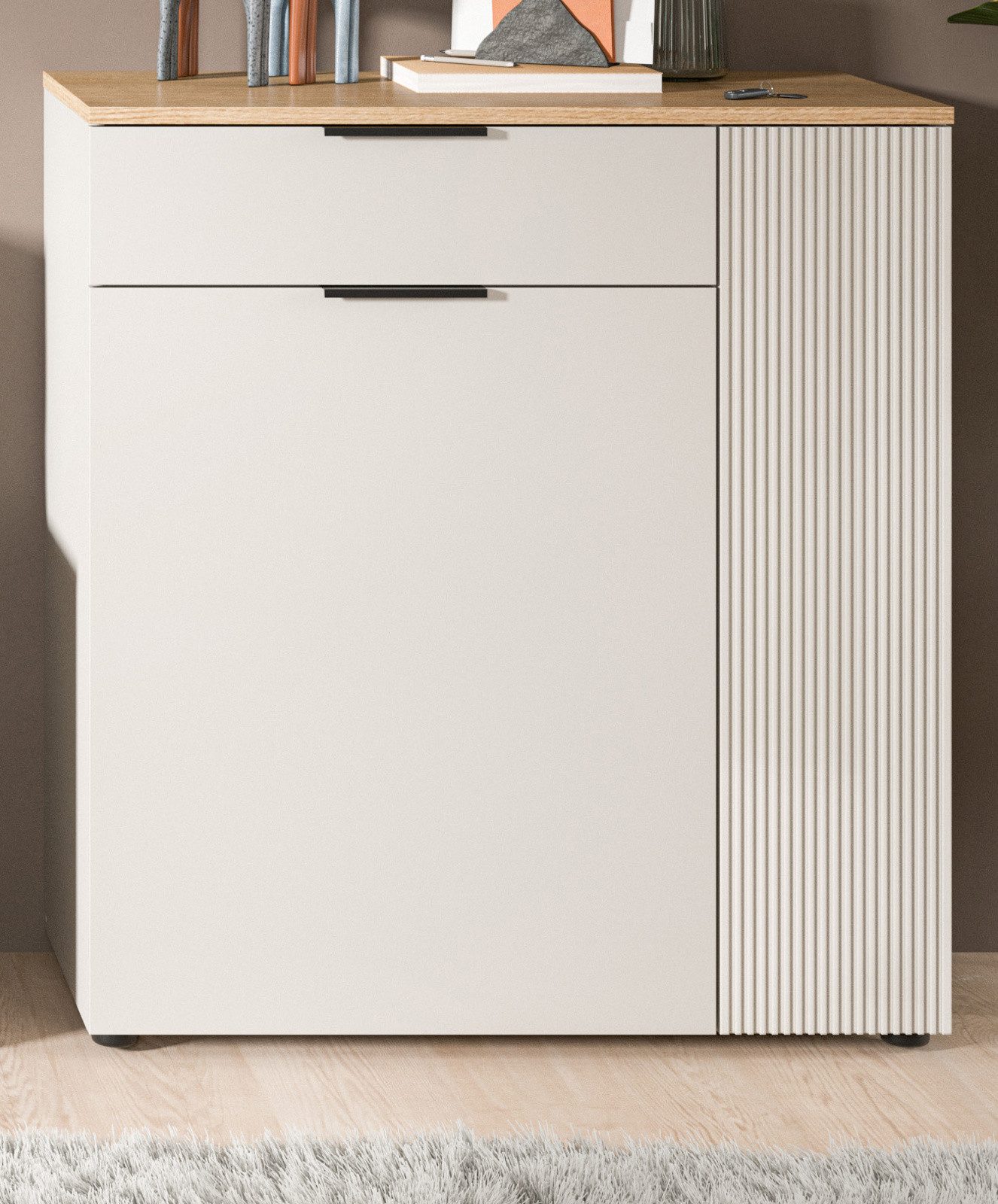 Inn.Furn Schuhkommode Skid (Kommode in Kaschmir Sand mit Eiche, 80 x 88 cm), Vollauszug und Fräsungen