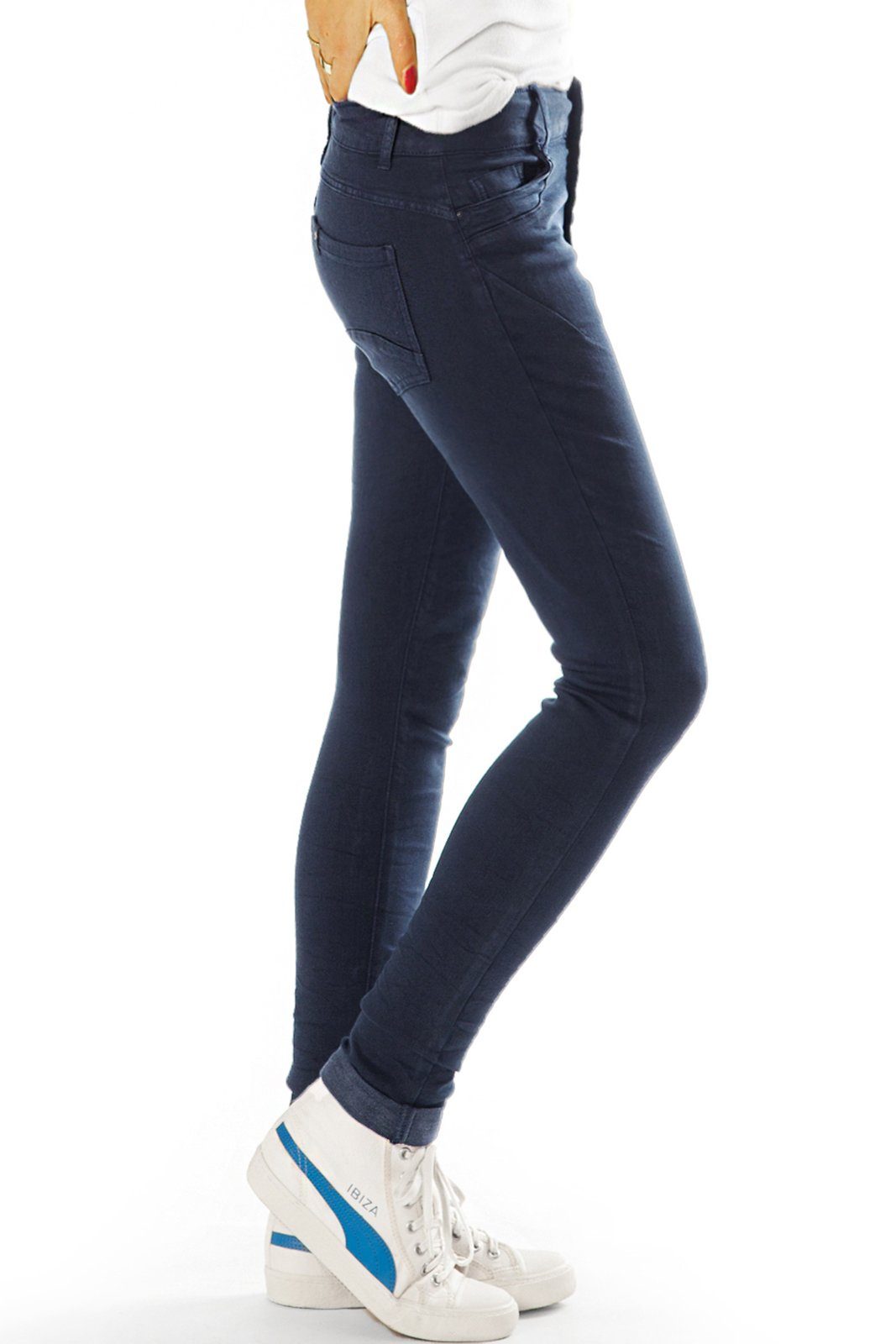Stretch-Anteil, blau Damen eng, - - low 5-Pocket-Style, waist, be skinny, hüftig low Röhrige j41g Röhrenjeans mit styled Knopfleiste langer waist mit Jeanshose