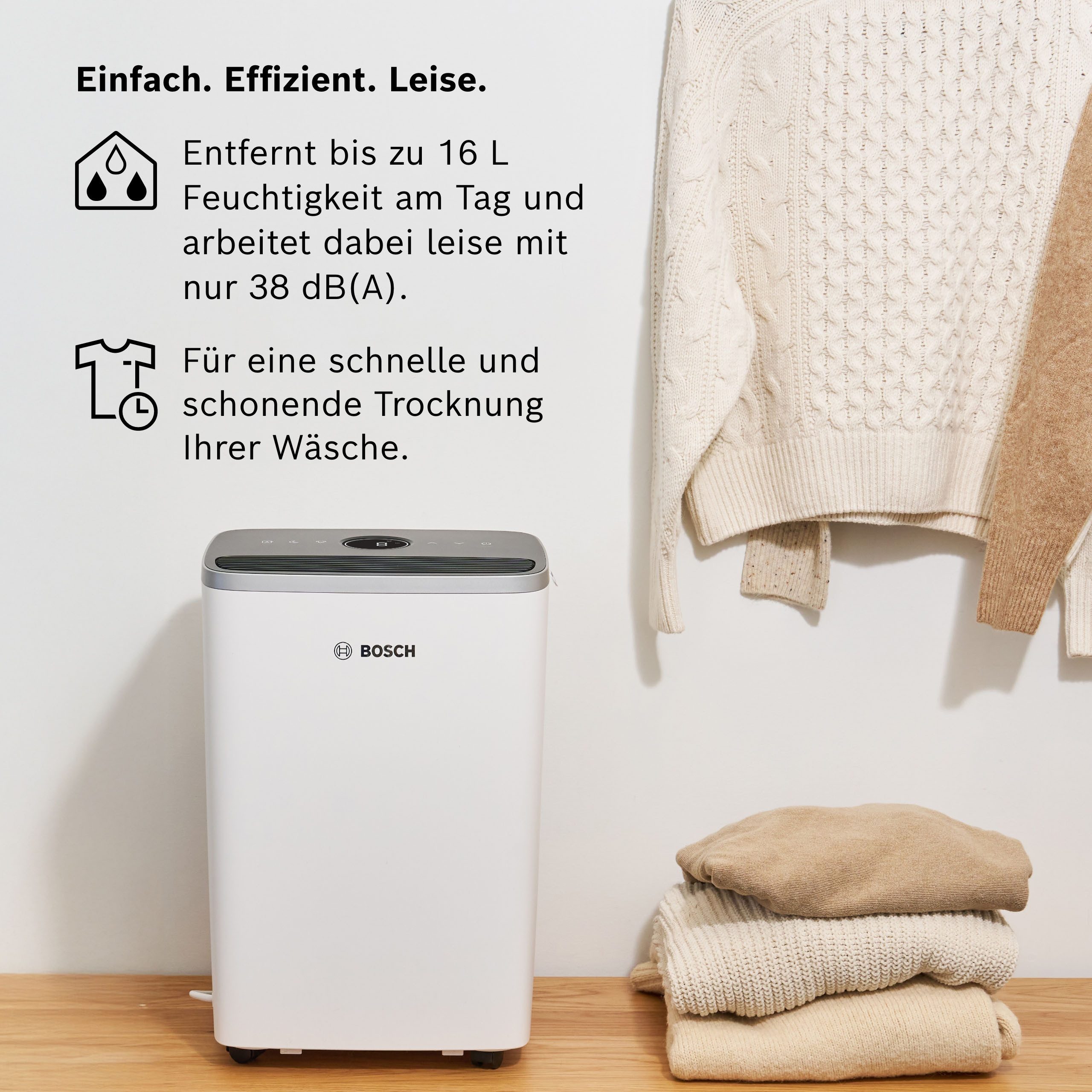 BOSCH Luftentfeuchter Dry 4000 - Ideal für die Wohnung & schnelle Trocknung der Wäsche, Entfeuchtung 16 l/Tag, Tank 2,5 l, Ultra-leiser Betrieb; nur 38 dB(A)