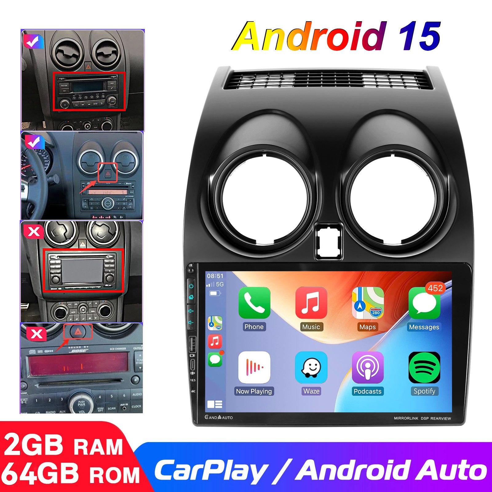 ESSGOO DAB+ Android15 Carplay GPS NAVI mit USB Für Nissan Qashqai J10 2007-15 Autoradio (RDS, 4+64GB(optional), DAB (optional), FM, DAB+ (optional), Carplay Android Auto Bluetooth EQ USB GPS Navi WIFI Touchscreen)