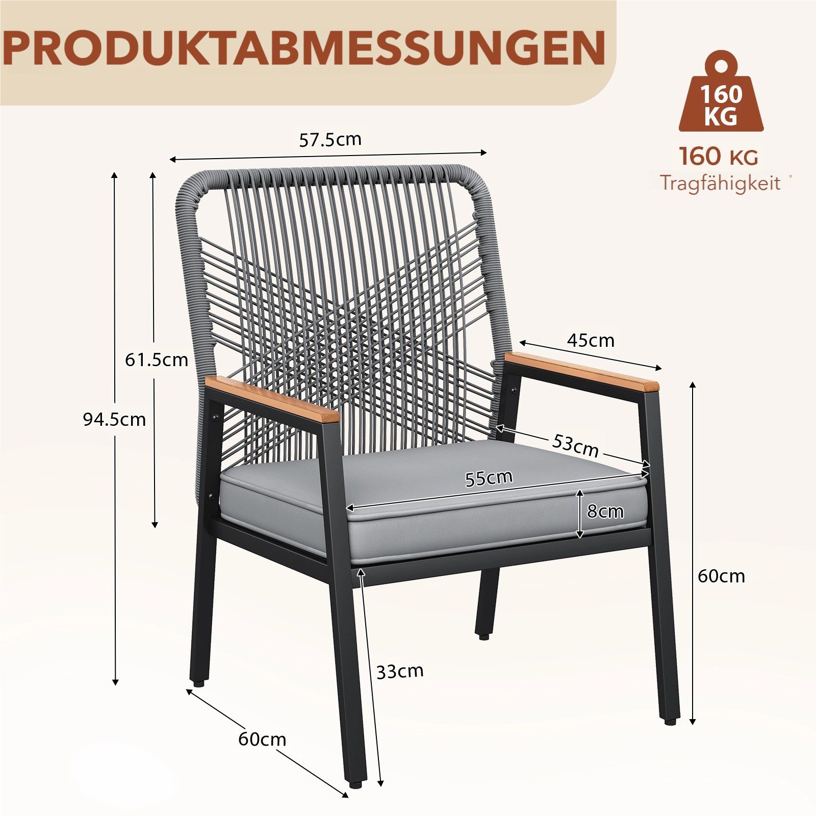 TLGREEN Gartenstuhl Eisen-Rattan Gartensessel,verbreiterter Sitz, (Balkonstühle Metall und Rattan, mit 8 cm dicken Sitzkissen, 1 St), 160 kg Belastbar für Terrasse, Garten und Veranda