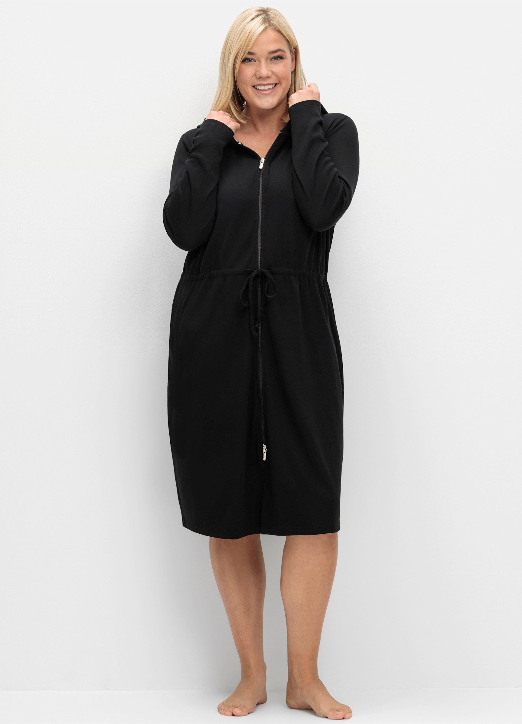 Sheego Damenbademantel Bademantel ., Länge ca. 110 cm, Baumwolle, Reißversc günstig online kaufen