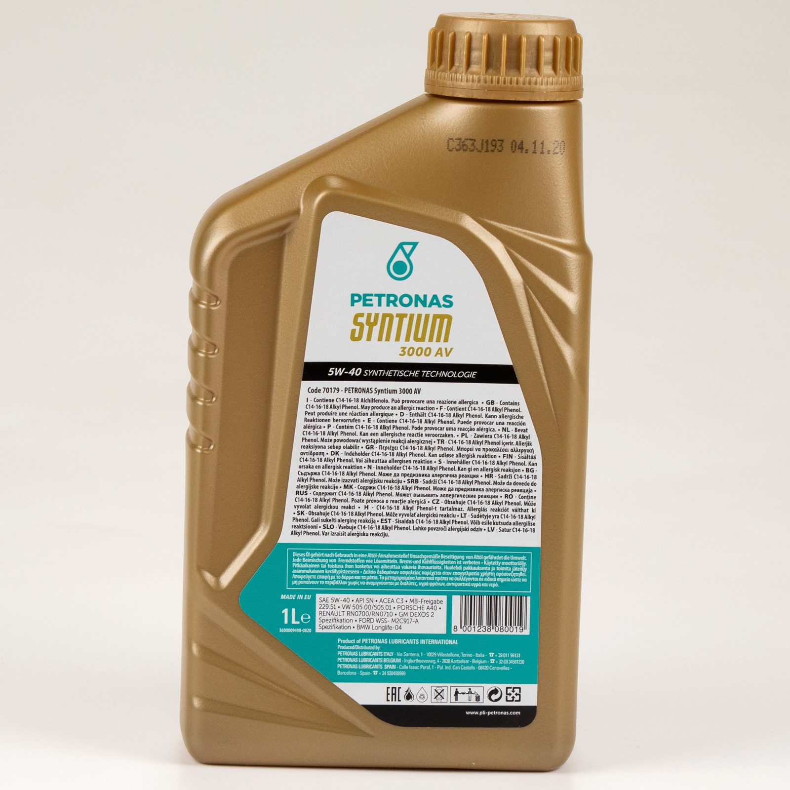 Petronas Motoröl Petronas Syntium 3000 AV Motoröl Öl 5W40 1L ACEA C3 API SN 18281616