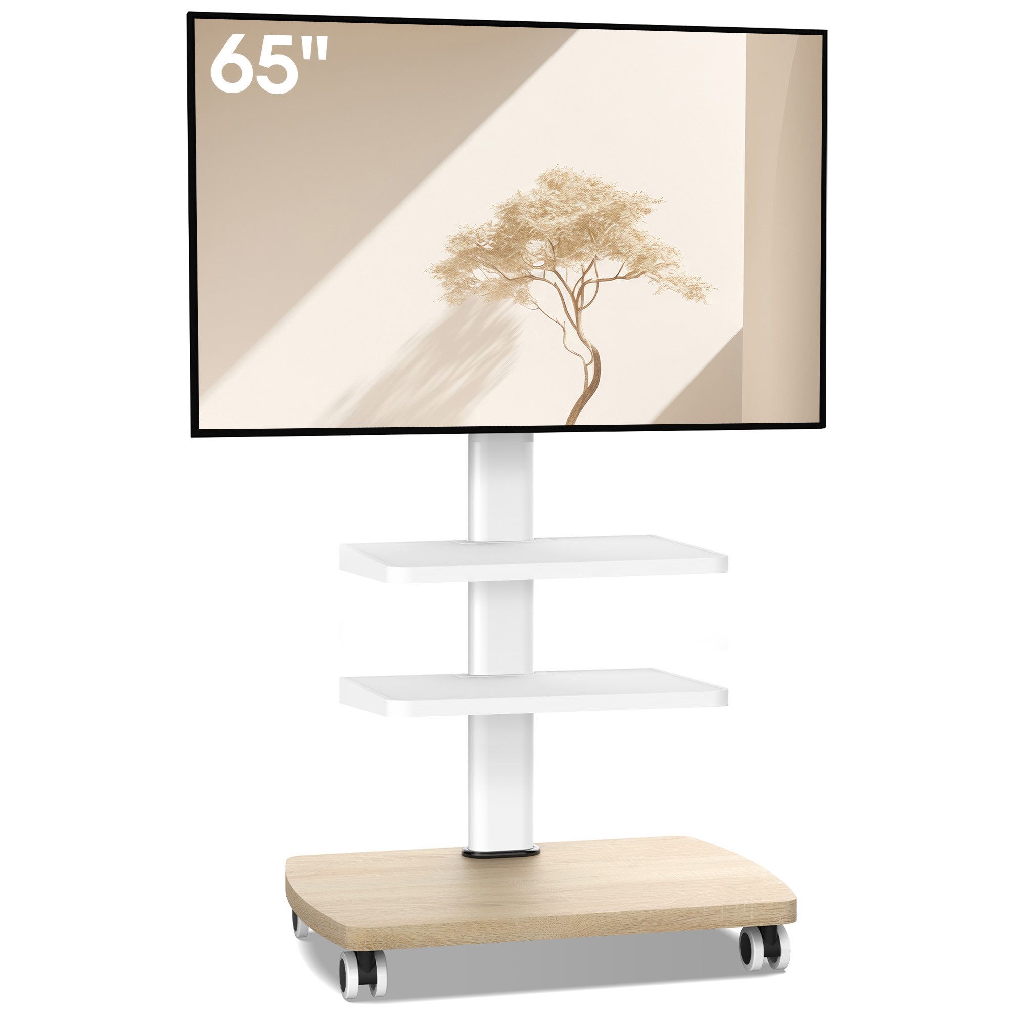 AOKCOS TV-Ständer, (bis 65 Zoll, mit Holzbasis & 2 Ablagen)