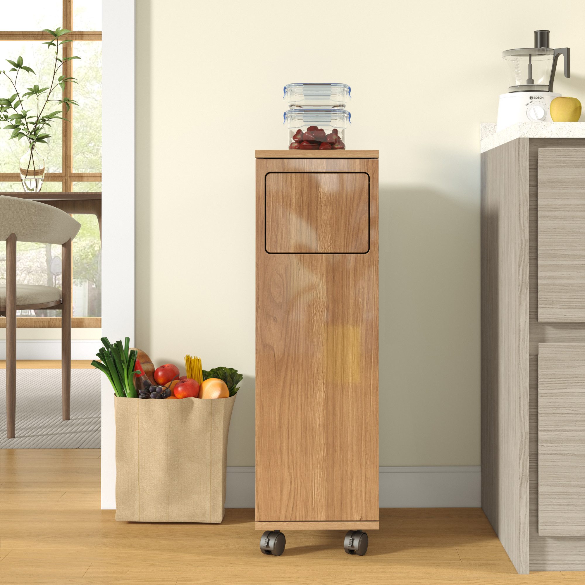 Fyrove Mülleimer Trash Cabinet, Rollbarer Küchenschrank in Naturkautschukholz-Optik, 1-türiger Müllschrank mit weißen Rollen, für Küche & Esszimmer