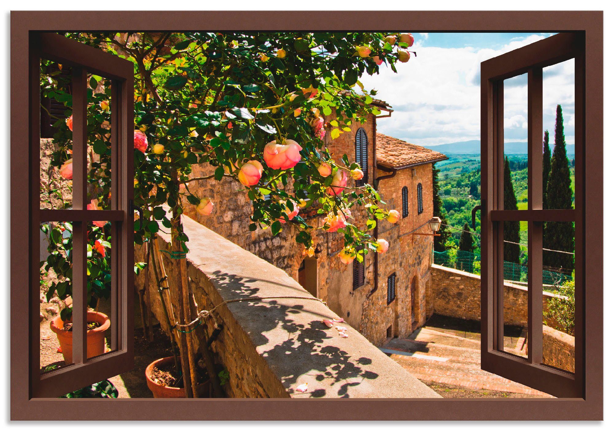 Artland Wandbild "Fensterblick Rosen auf Balkon Toskana" Garten 1 Stk. tlg. günstig online kaufen