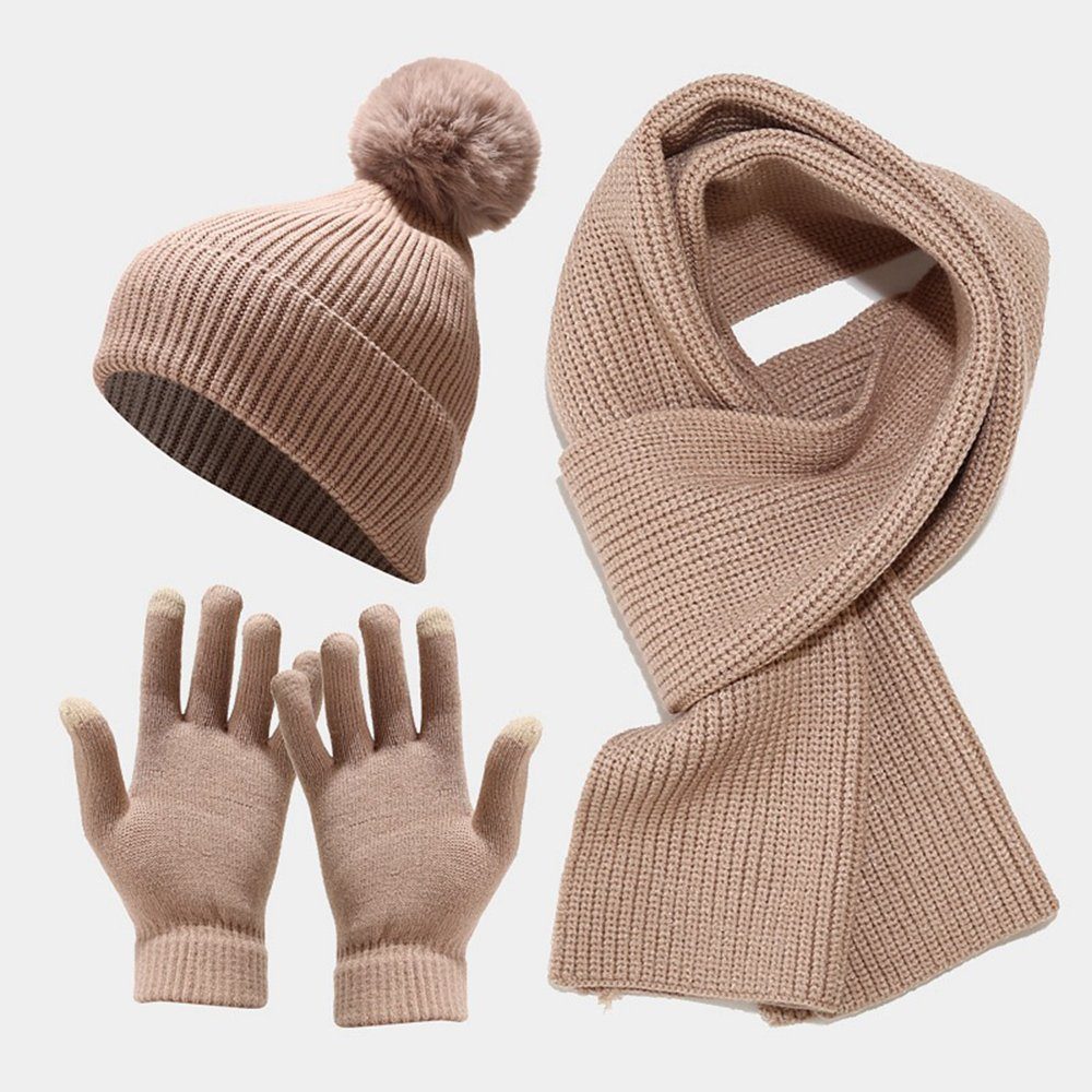 Mütze, khaki Handschuh 1 in GelldG Sets Damen & 3 Winter Wolle Strickhandschuhe Schal