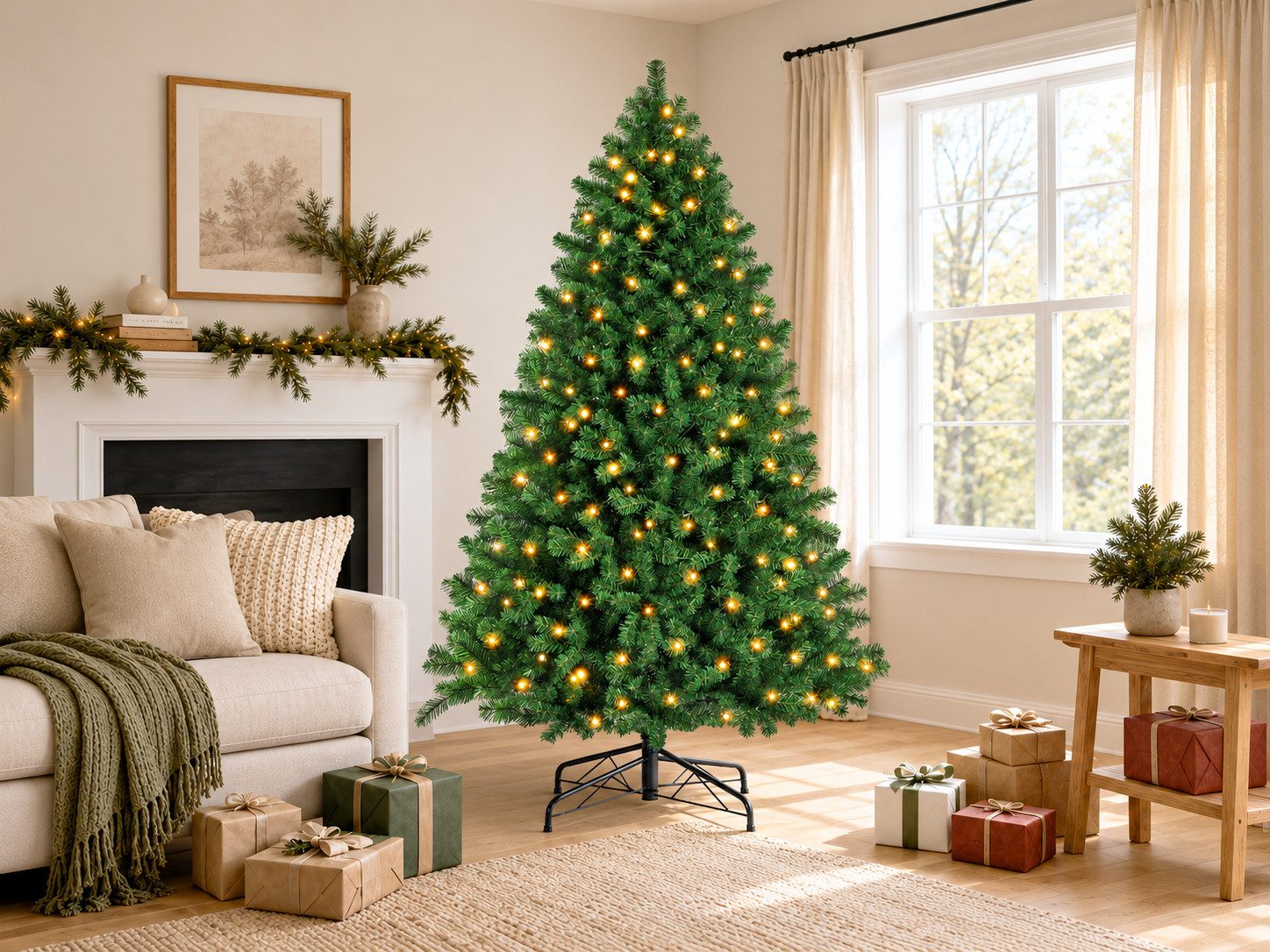 WHEELYOU Künstlicher Weihnachtsbaum 120–235 cm Klassische Tannenserie, PVC, warmgelbe LEDs, 8 Lichtmodi, Klassische Tannenform, dichte PVC-Zweige, warmgelbe Beleuchtung, 8 Lichtmodi, integrierte LEDs, formbare Zweige, Metallständer
