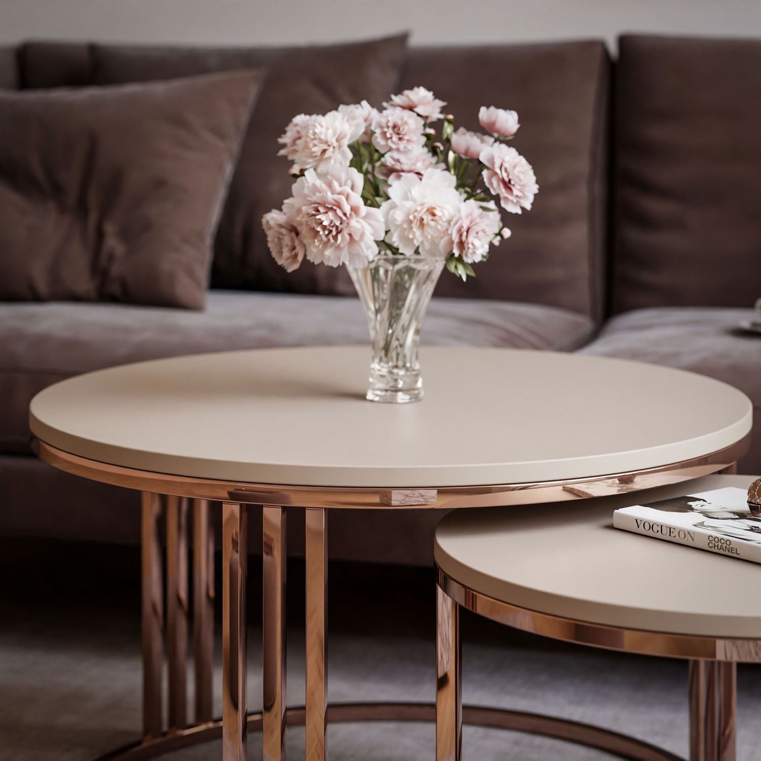 Lookway Couchtisch LORI 2in1 Couchtisch-Set in dem mattes Design mit Kupfergestell (2er Set), Durchmesser: ⌀70 cm und ⌀50 cm, Höhe: 49 cm und 44 cm – Bild 4 von 5