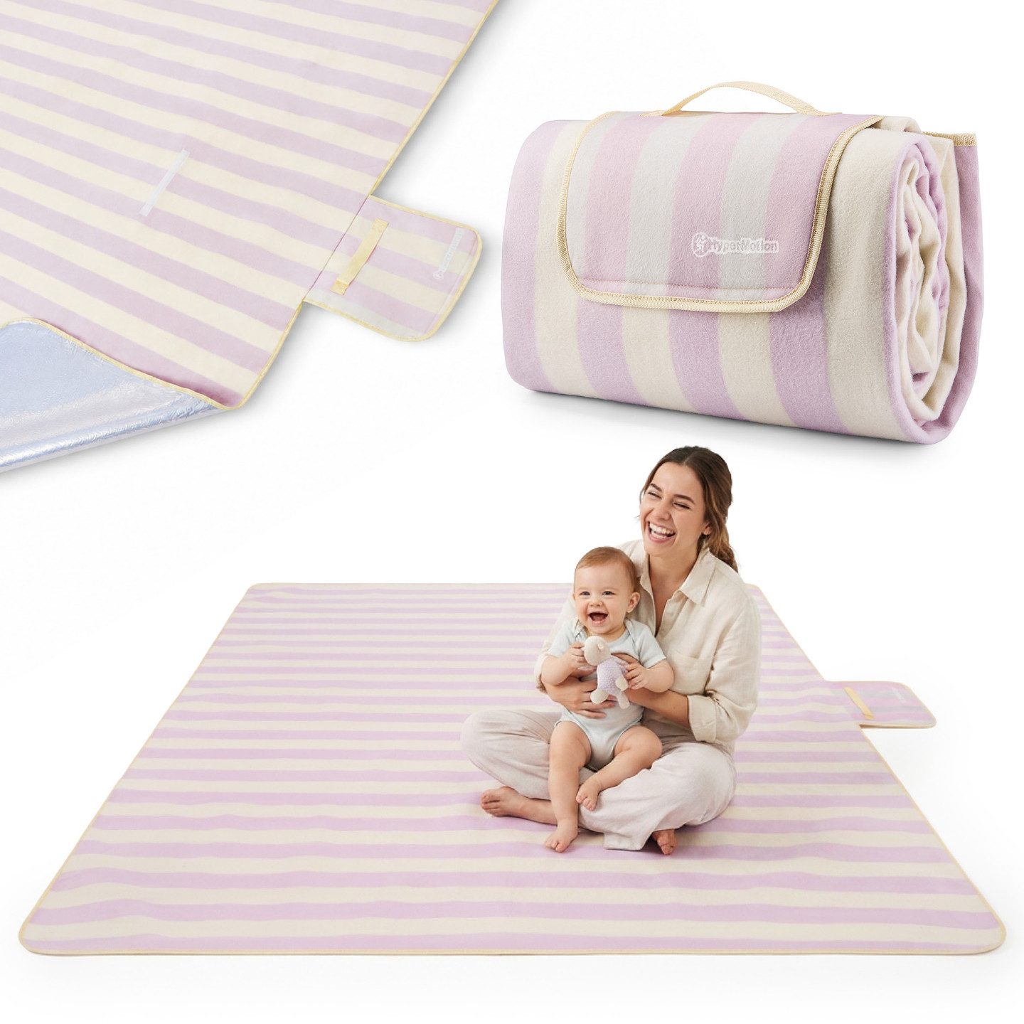 Outdoordecke HyperMotion XXL Picknickdecke 200x200 cm wasserdicht Lila gestreift, HyperMotion