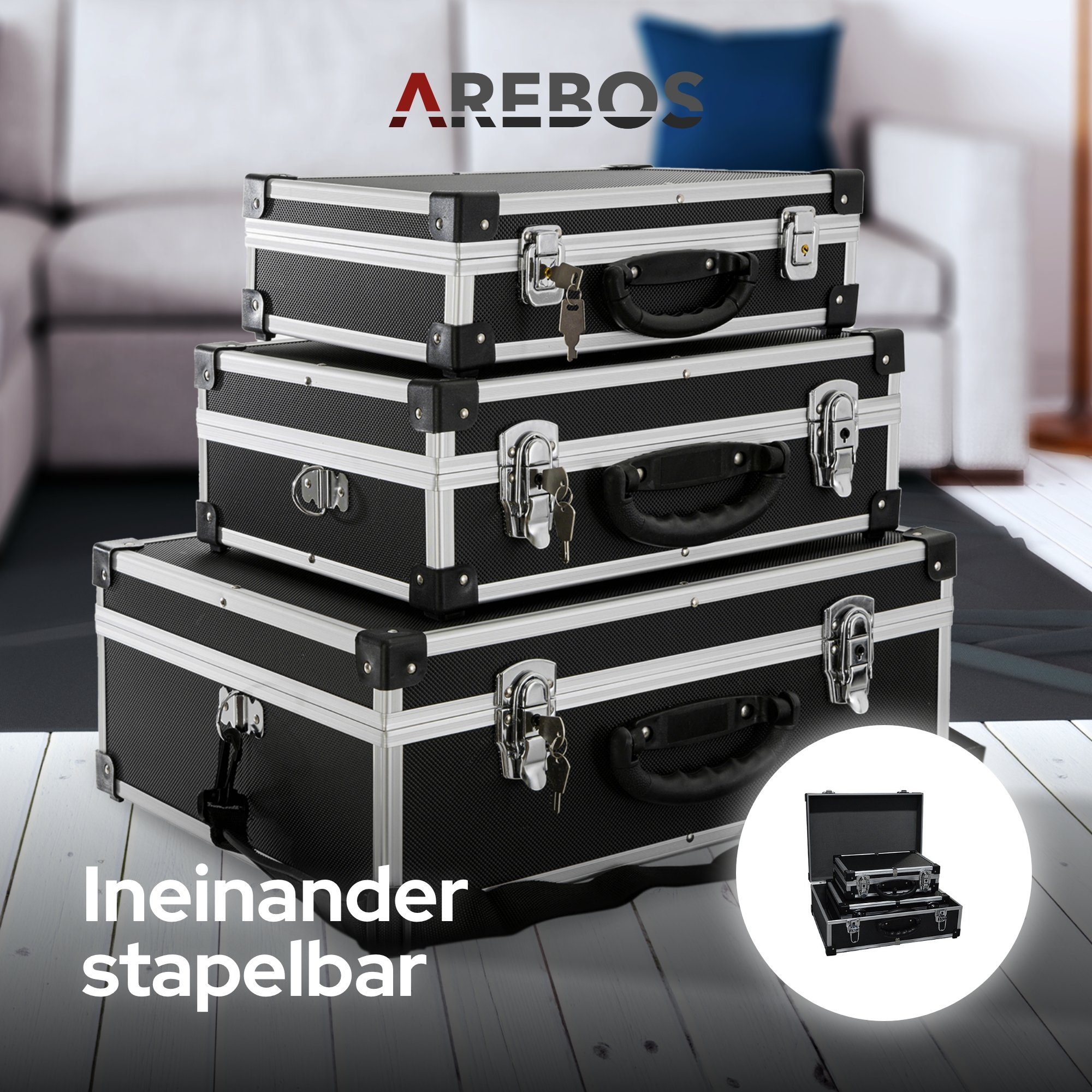 Arebos Werkzeugbox 3er Set Transportkoffer, abschließbar, Tragbar (3 St., Aluboxen klein schwarz) – Bild 5 von 5