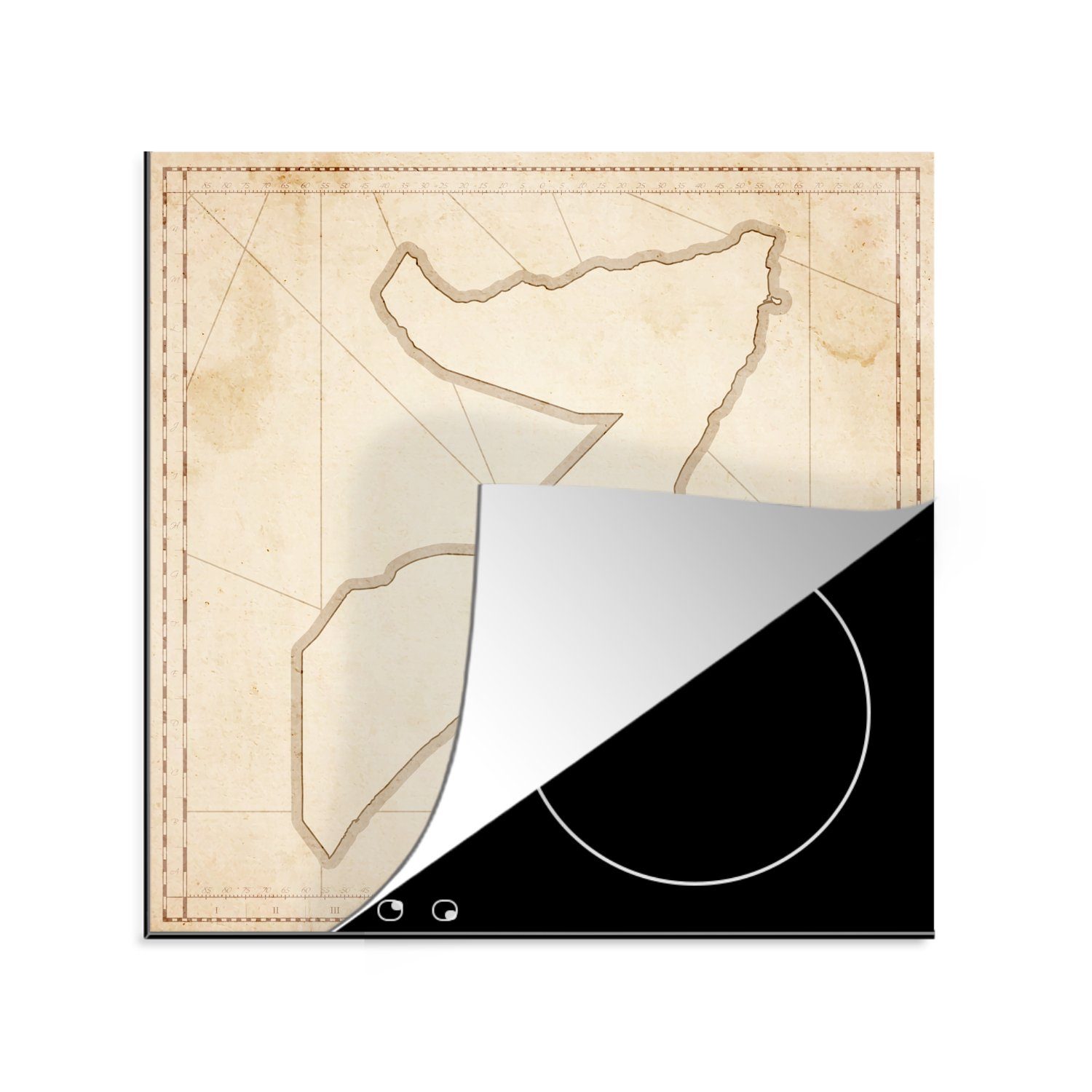 MuchoWow Herdblende-/Abdeckplatte Somalia auf einer alten Landkarte, Vinyl, (1 tlg), 78x78 cm, Ceranfeldabdeckung, Arbeitsplatte für küche