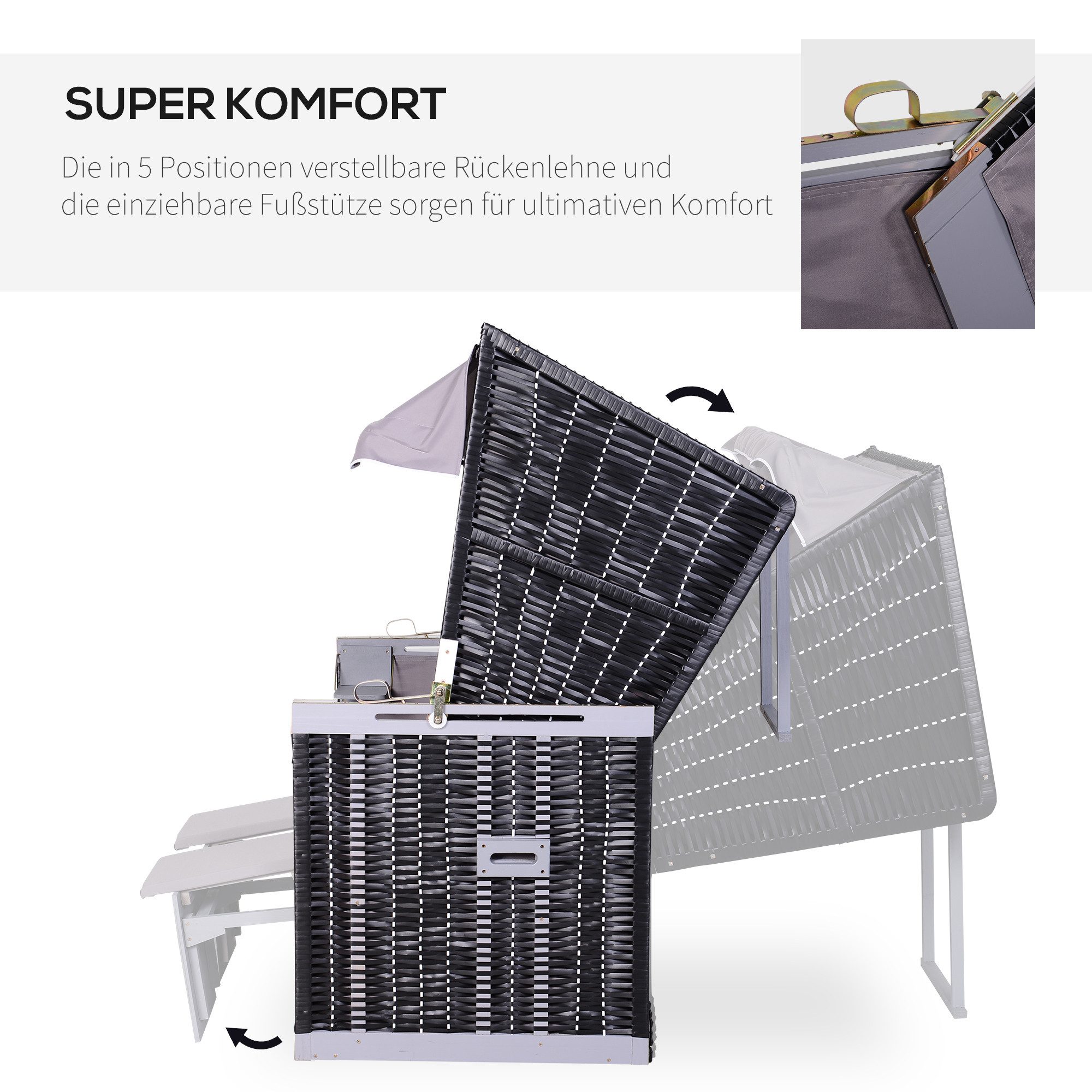 CHICFURN Strandkorb Ostsee Volllieger 2-Sitzer aus Tannenholz mit PE-Geflecht, BxTxH: 118x79x160 cm, (Packung, 5-fach verstellbare Rückenlehne mit Fußbänkchen und Seitentischen), Grau, 118 x 79 x 160cm