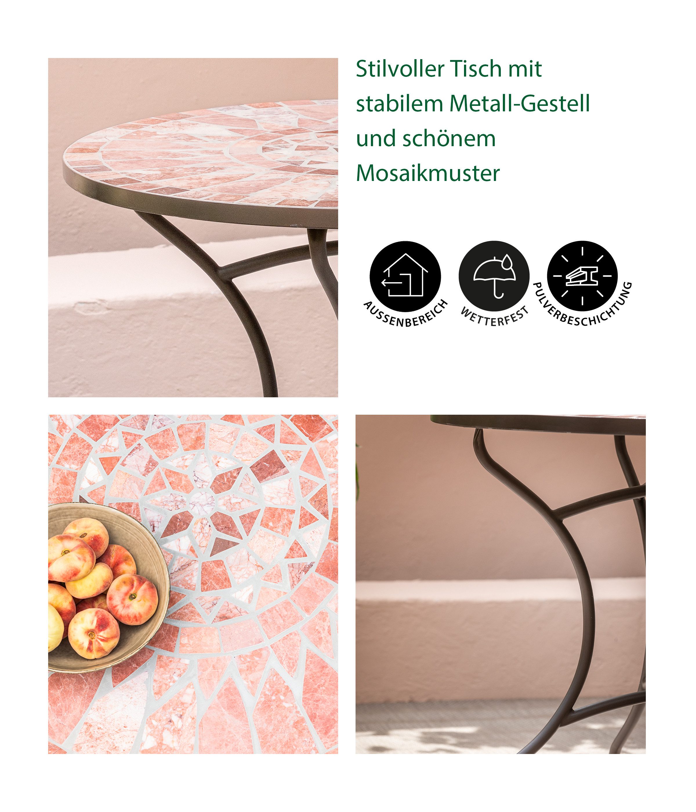 Dehner Gartentisch Mosaiktisch Chiara, 4 Sitzplätze, versch. Größen, terra-rosé, verspielter, romantischer Gartentisch im mediterranen Design