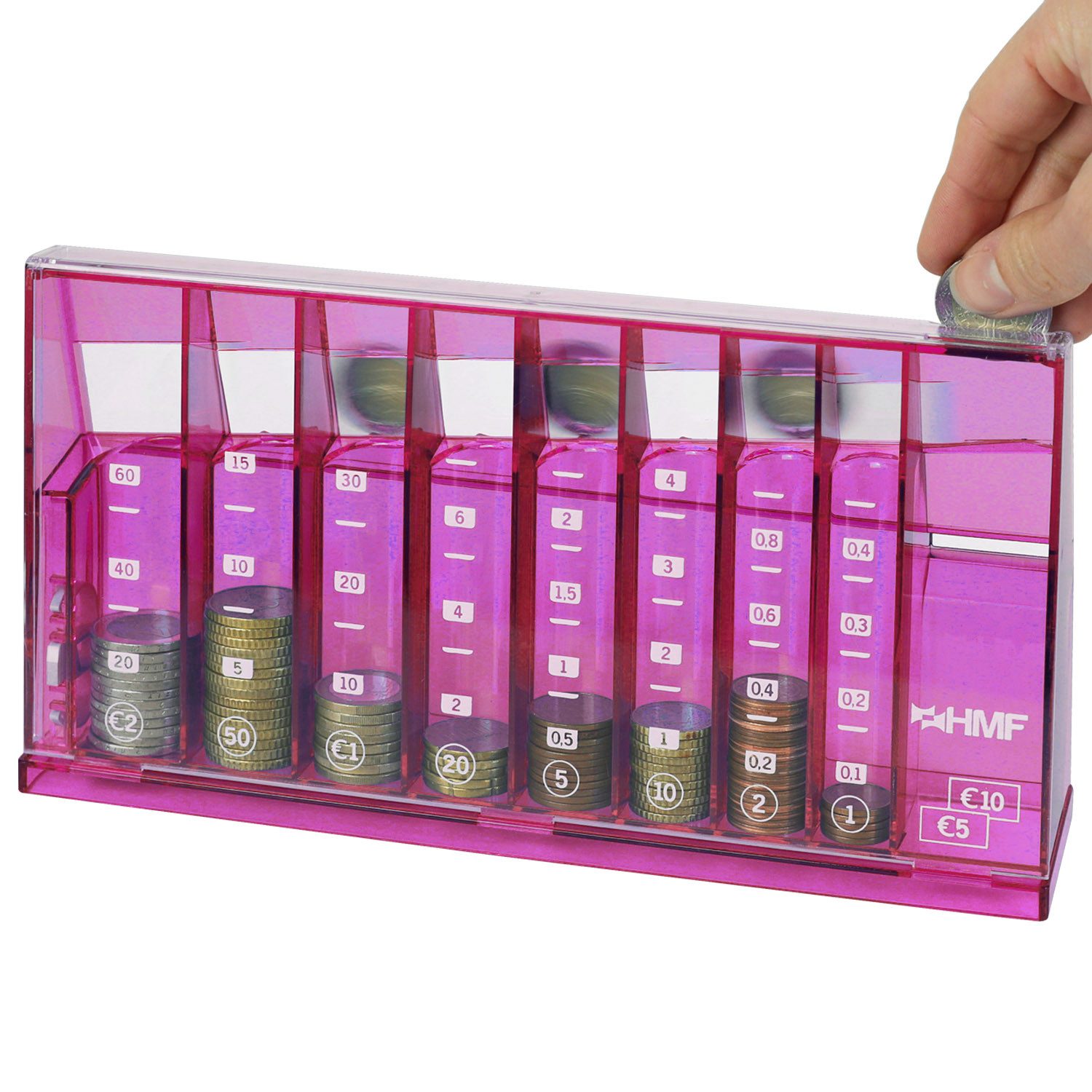 HMF Spardose Münzzähler mit automatischer Sortierung zur Kleingeld Aufbewahrung, Münzsortierer mit Werteskala als Spardose Kinder, 24 x 12 x 5 cm Pink