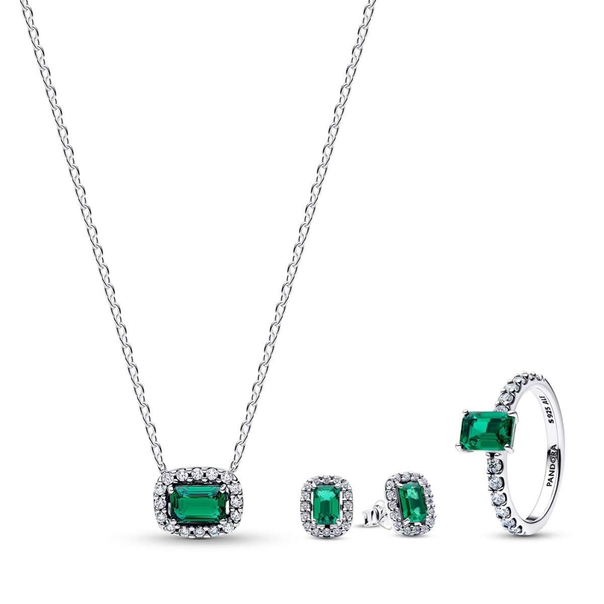Pandora Kette mit Anhänger 21783, für Damen Schmuck-Set, Ohrringe und Ring Funkelndes Grün